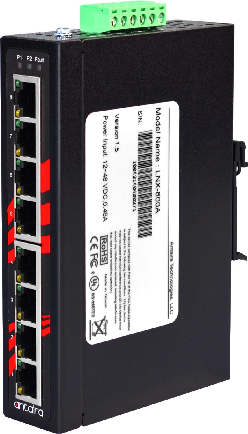**Antaira LNX-800A-T 8-Port Industrial Ethernet Switch | DIN Rail Mount | -40°C to 75°C | 12-48VDC Redundant Power | Fast Unmanaged Network Switch for Harsh Environments**    **Usage Scenarios:** Ideal for factory automation, transportation systems, and outdoor networking in extreme temperatures.