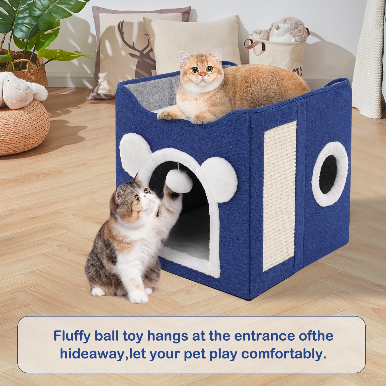 Premium Large Foldable Cat Bed for Indoor Cats - Soft & Cozy with Scratch Pad, Hanging Fluffy Ball & Mini Hole Cat Condo (Blue) - Perfect for Napping, Playtime & Relaxation in Living Rooms & Bedrooms