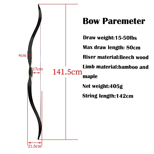 57 Inch Traditional Longbow for Archery - 15-55 Lbs One Piece Recurve Bow | Handmade Wooden Horsebow for Hunting & Target Practice | Left & Right Hand Compatible | Outdoor Sports, Camping & Medieval Reenactment