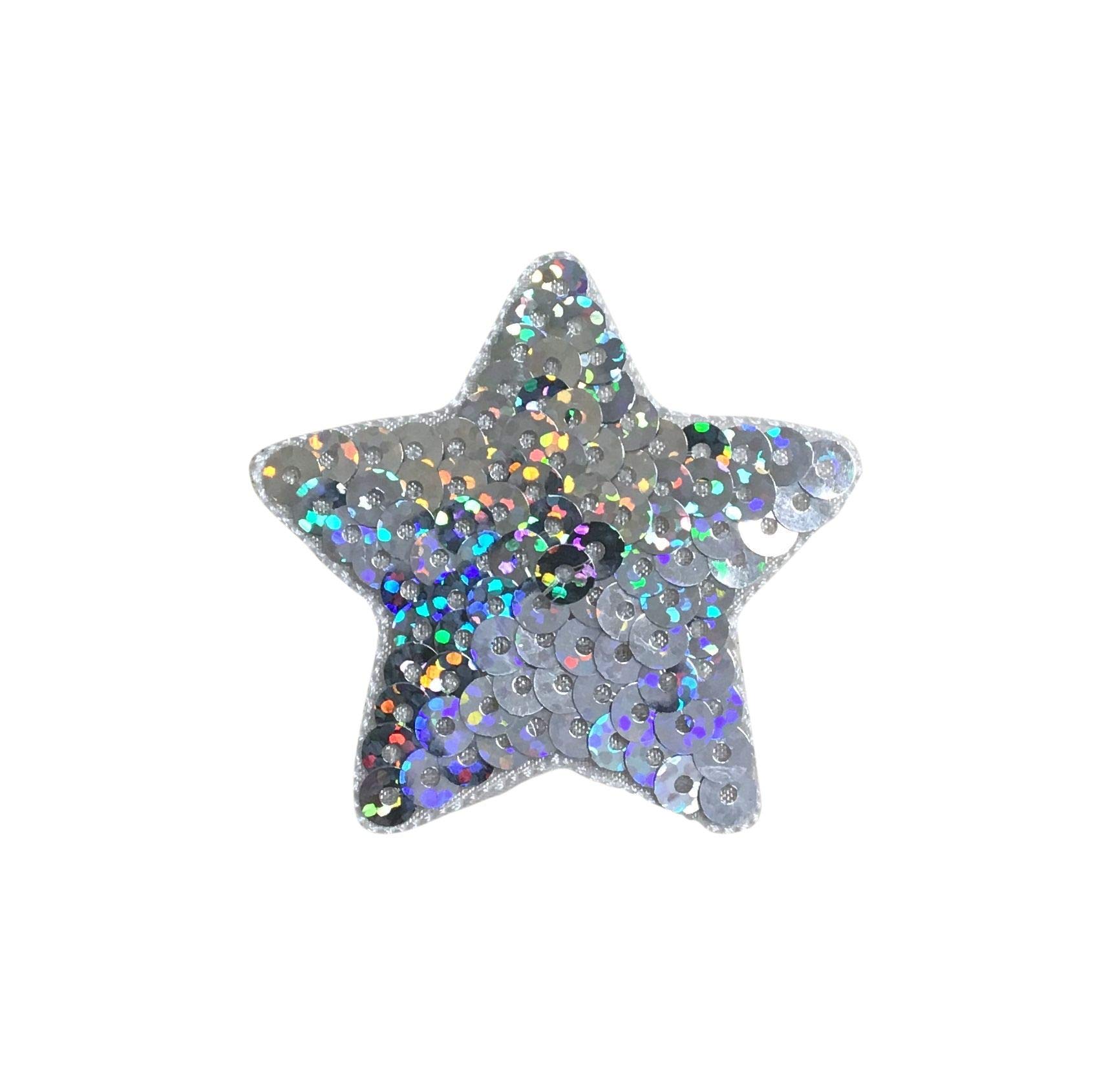 2 Inch Silver Sequin Star Embroidered Iron-On Patch for DIY Clothing, Bags, and Accessories – Perfect for Customizing Jackets, Hats, and Backpacks