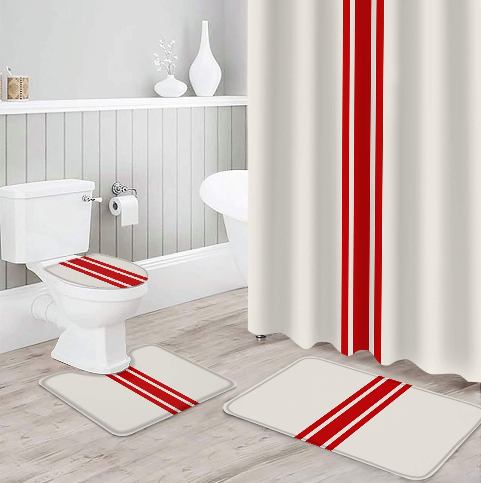 4PCS Non-Slip Bathroom Mat Set - Valentine's Day Red Stripes Decor, Shower Curtain Rugs & Toilet Seat Cover - Soft Absorbent Bath Mats for Bathroom Floor Safety - Perfect for Home, Apartment & Guest Bathroom Decor