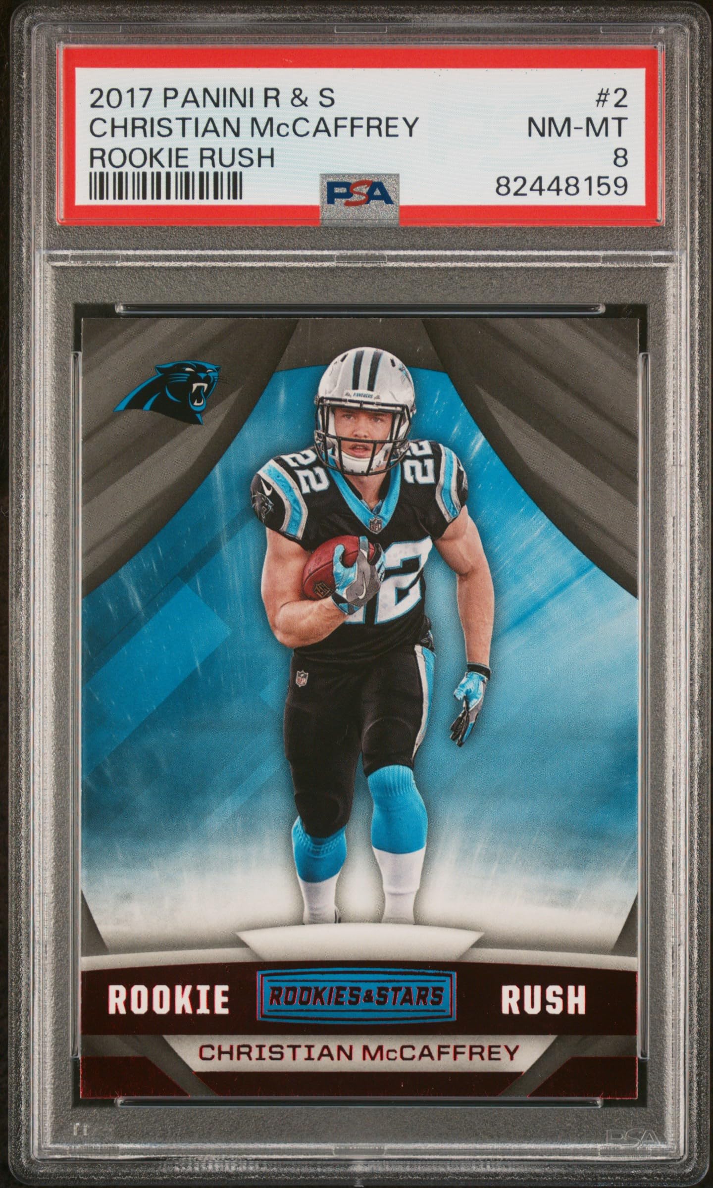 2017 Panini Rookies & Stars Christian McCaffrey Rookie Rush #2 Football Card PSA 8 Graded - Perfect for NFL Collectors & 49ers Fans Display