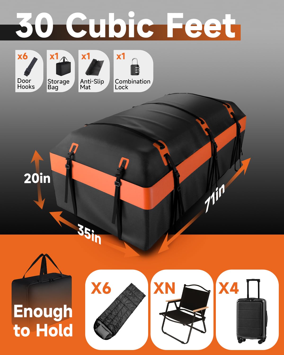 30 Cubic Feet Car Rooftop Cargo Carrier Bag - Waterproof Soft-Shell Roof Luggage Storage for SUVs, Sedans, Trucks (with/without Racks) | Includes 2 Reinforced Straps, 6 Door Hooks, Anti-Slip Mat & Lock | Perfect for Road Trips, Camping Gear & Extra Luggage Storage