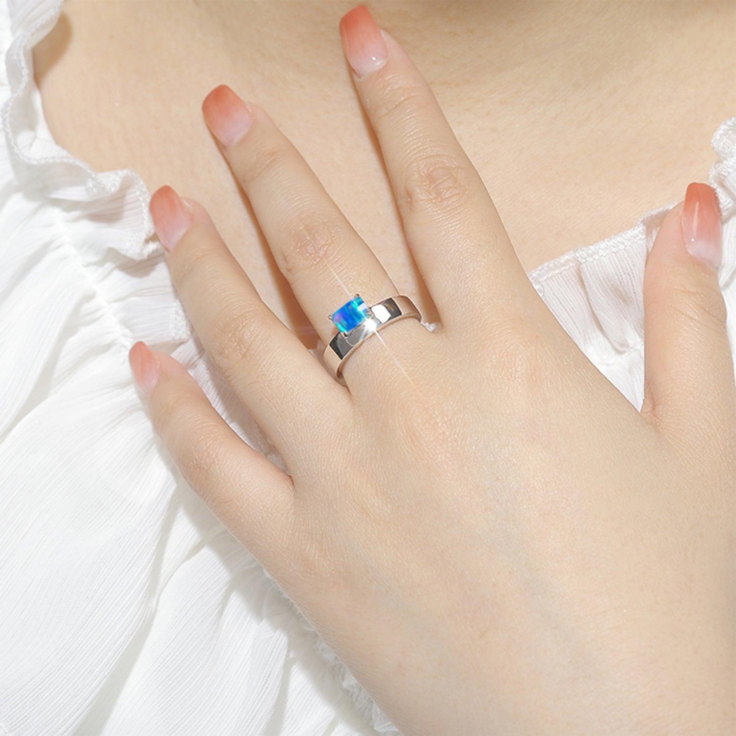 Blue Opal Offset Ring for Women - Handmade Sterling Silver Boho Jewelry - Perfect for Weddings, Parties & Everyday Wear