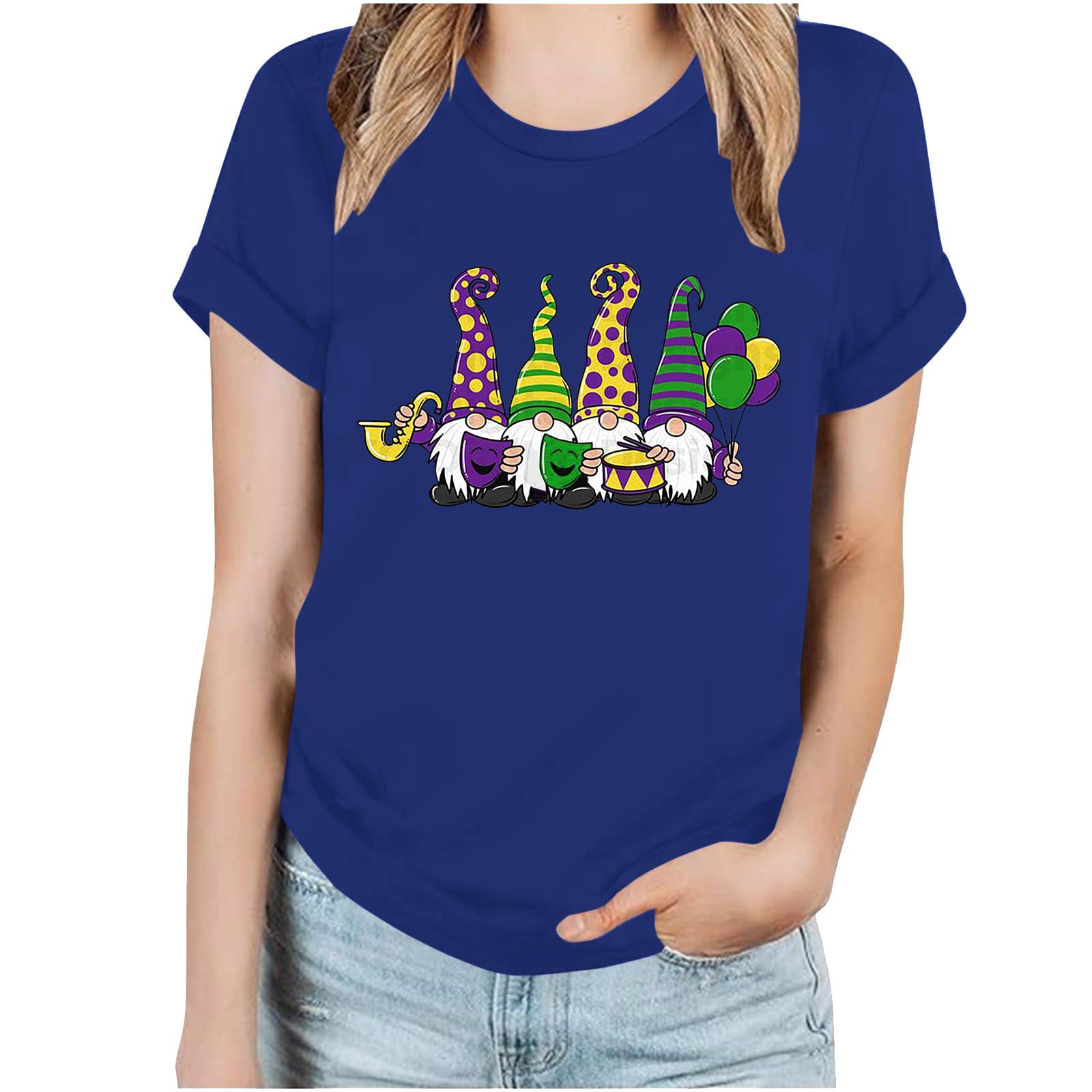 Funny Mardi Gras Print T-Shirts for Women - Short Sleeve Round Neck Carnival Theme Tops | Perfect for Mardi Gras Parties, Costume Events & Festive Celebrations