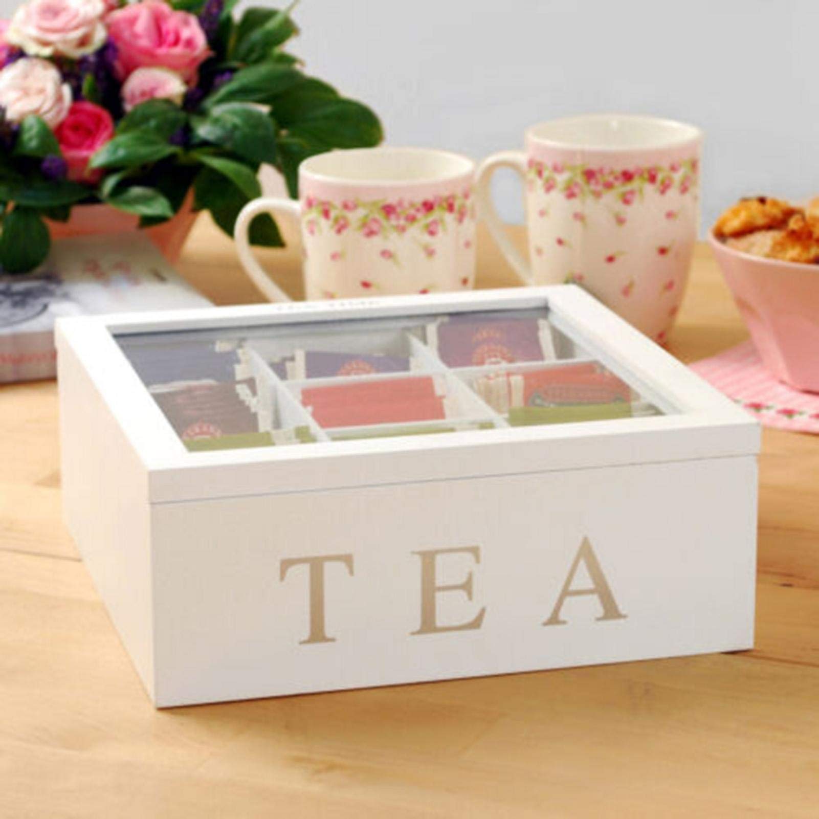 Bamboo Tea Bag Storage Box with Clear Lid - 9 Compartment Rustic Kitchen Organizer for Tea Pouches, Sugar Packets & Coffee Pods | Perfect for Pantry, Office & Gift Giving