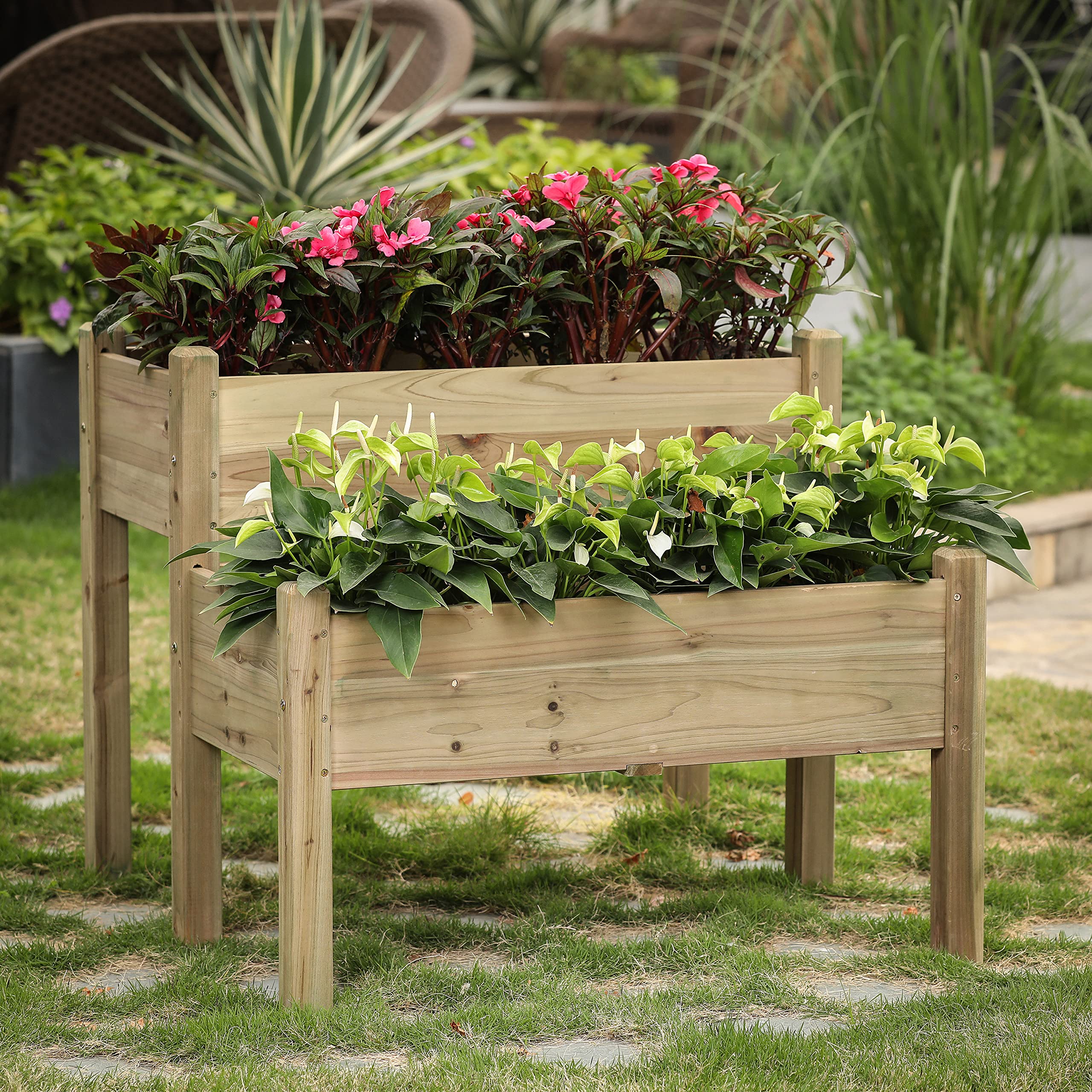 LuxenHome 2-Tier Elevated Wooden Garden Bed Kit - Raised Planter Box for Vegetables, Herbs & Flowers - Perfect for Backyard, Patio & Small Space Gardening