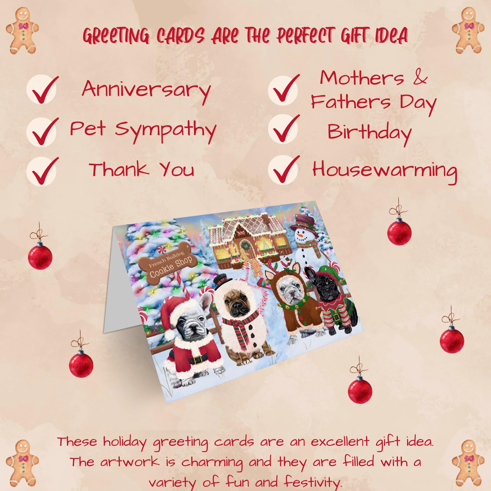 Christmas Gingerbread Cookie French Bulldogs Dog Greeting Cards - 10 Adorable Pet Invitation Cards with Envelopes - Festive Holiday Pet Artwork for Christmas, Birthday & Thank You Notes - Perfect for Pet Lovers & Dog Owners