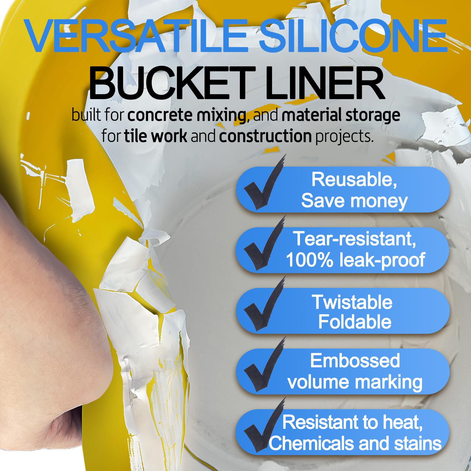 **3.5 Gallon Silicone Bucket Liner with Hydro Sponge - Reusable for Thinset, Tile, Paint, Ice & Food Storage - Perfect for Construction, DIY Projects & Kitchen Use**