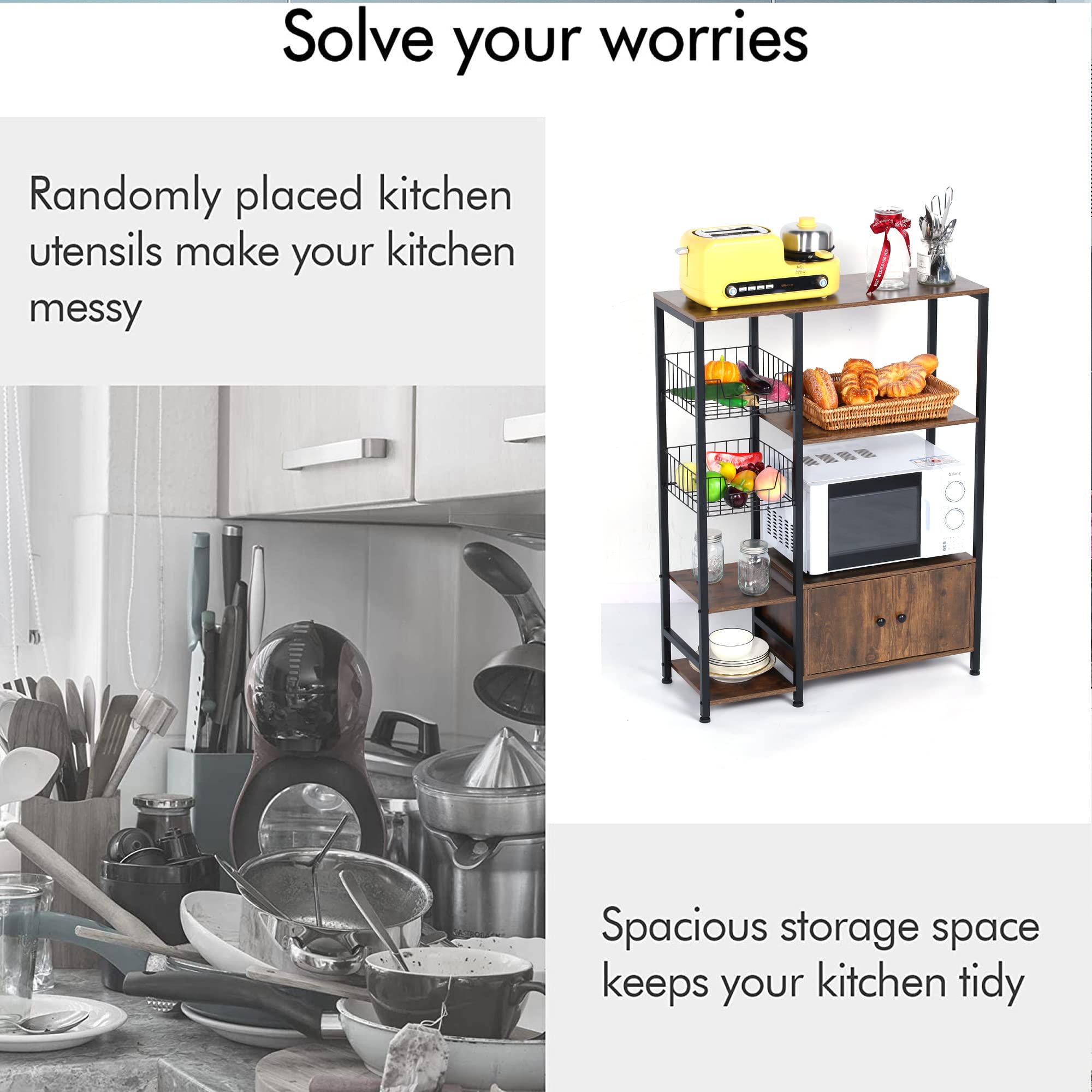 5-Tier Kitchen Bakers Rack - Heavy Duty Microwave Stand with Storage Shelves & Hutch Cabinet - Free Standing Kitchen Organizer for Spices, Cookbooks & Small Appliances - Perfect for Small Kitchens, Apartments & Pantry Organization