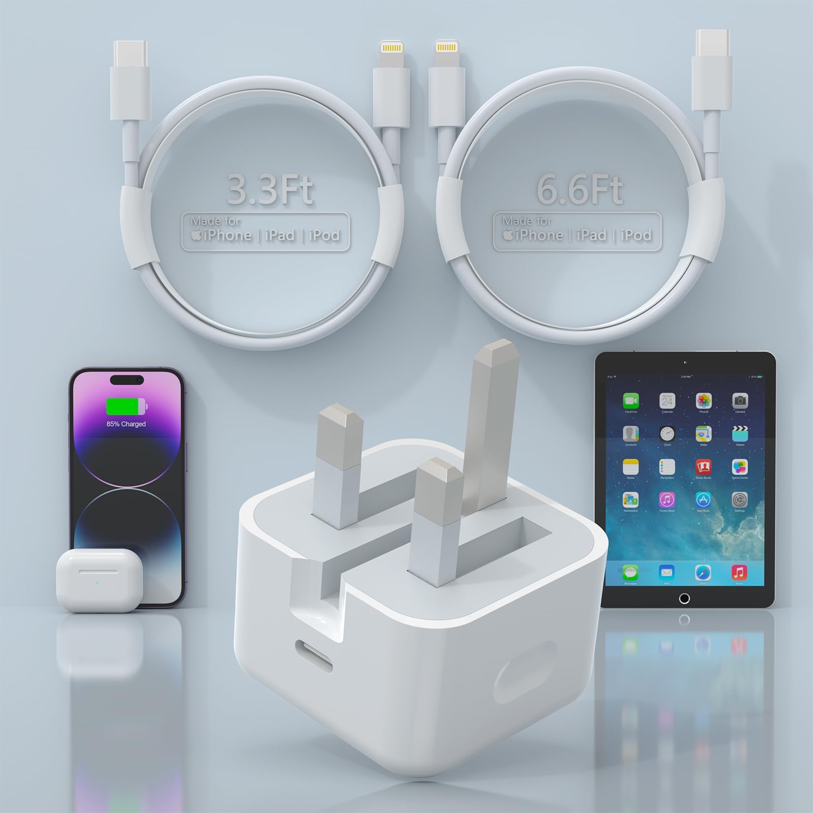 Apple MFi Certified 20W USB C Fast Charger Plug with 1M+2M Cables (2 Pack) - Fast Charging for iPhone 14/13/12/11 Pro/Pro Max/XS/XR/8 & iPad - Foldable Design for Travel & Home Use