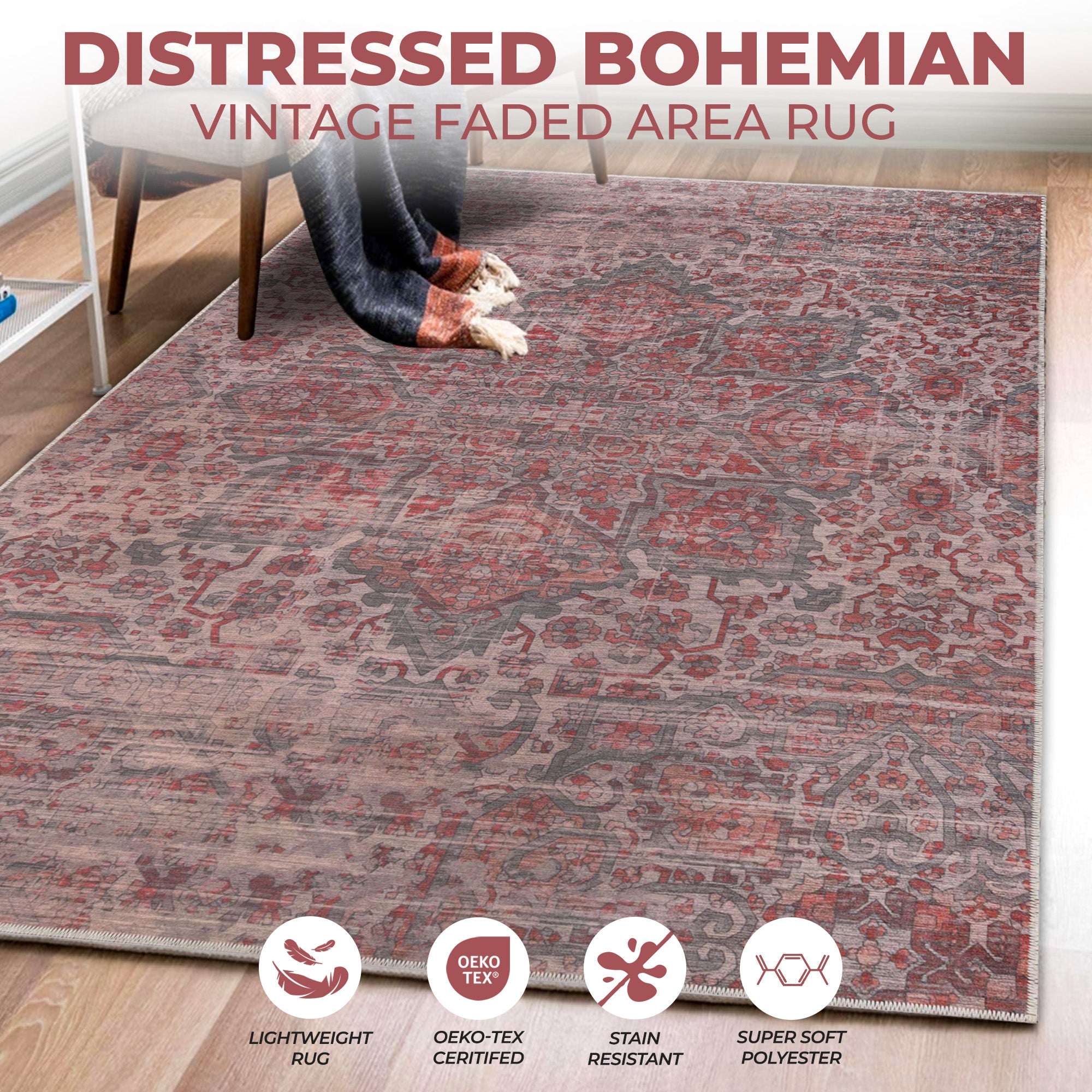 Boho Non-Slip Washable Indoor Area Rug - Machine Washable Runner for Living Room, Bedroom, or Hallway Decor