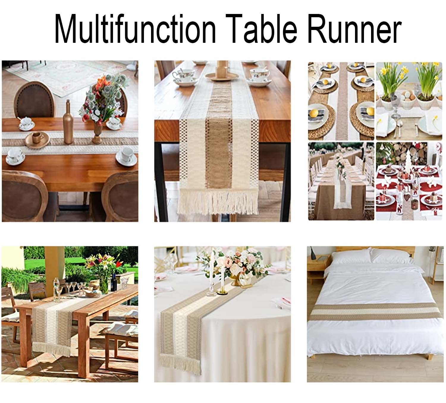 Boho Tassel Table Runner 2-Pack, Macrame Burlap & Cotton Blend Table Runners for Fall Weddings, Farmhouse Dining Decor - Perfect for Rustic Weddings, Thanksgiving Dinners & Farmhouse Kitchen Decor