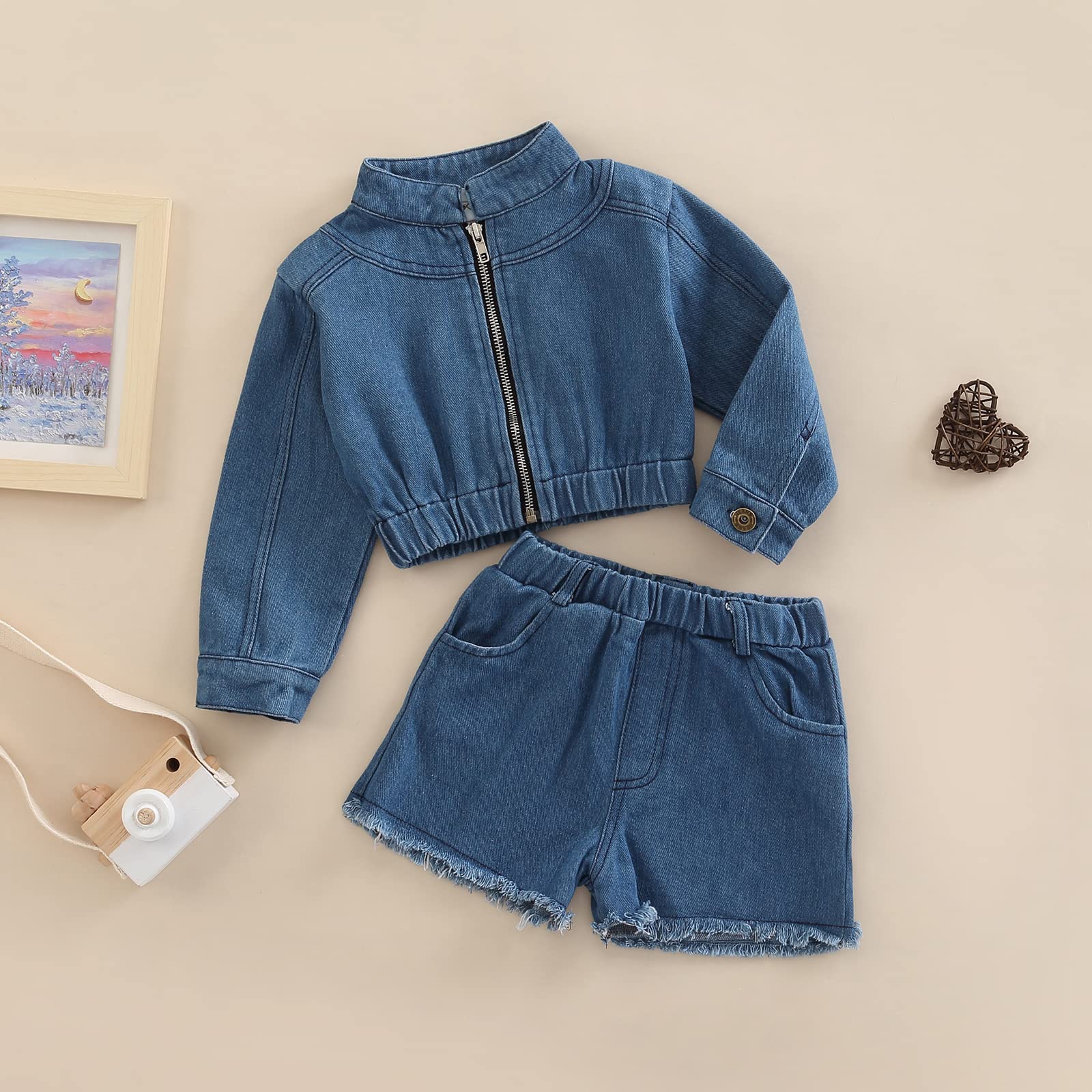 2 Piece Toddler Girl Outfits - Cute Long Sleeve Zip Up Denim Cropped Jacket & Jeans Shorts Set | Casual Spring Fall Outfits for Baby Girls | Perfect for Playdates, Daycare & Family Photos