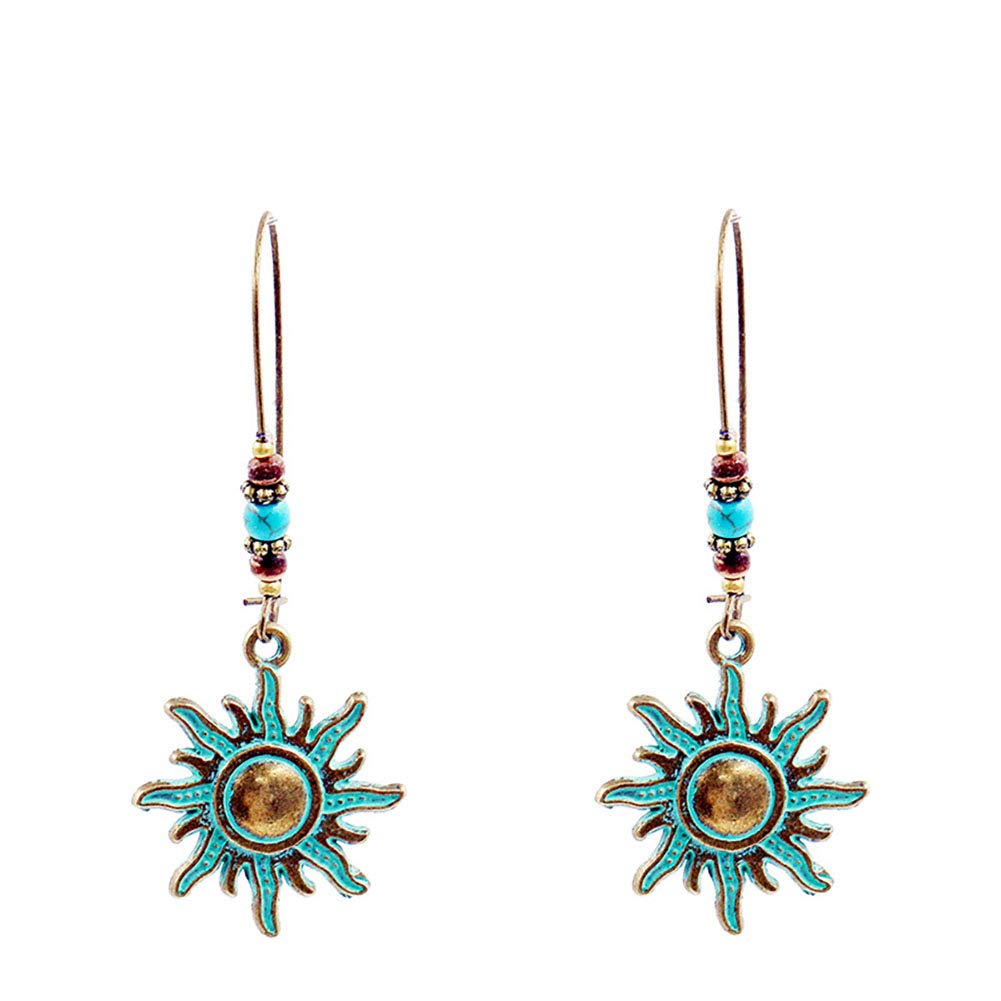 Vintage Bronze Ethnic Teal Green Sunflower Hamsa Hand Pendant Earrings for Women - Long Tassel Dangle Drop Earrings with Feather Rose Flower Design | Perfect for Boho Fashion, Festivals & Special Occasions
