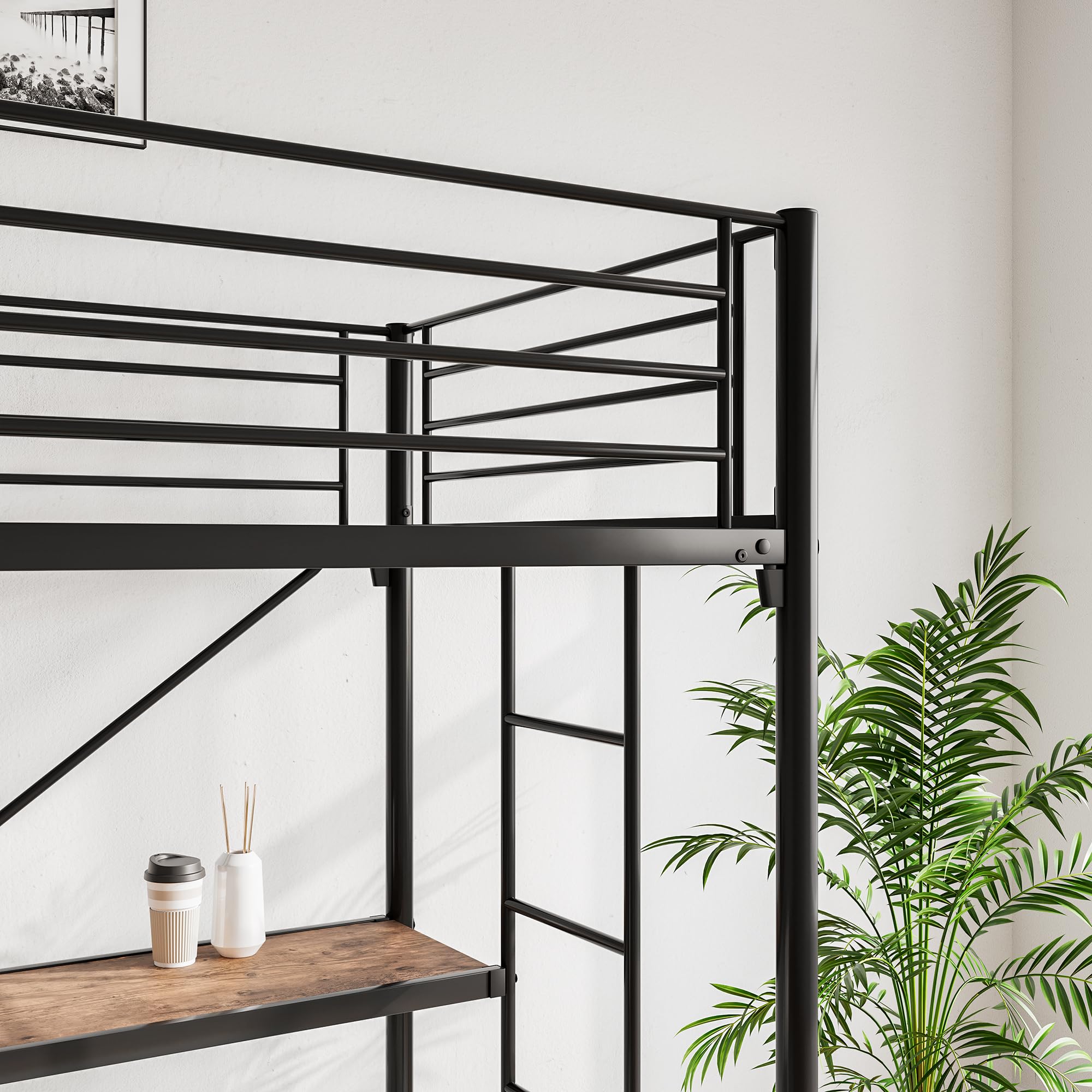 JURMERRY Metal Loft Bed with Desk & 2 Ladders - Twin Size Black Space-Saving Loft Bed with Safety Guard Rail, No Box Spring Required - Perfect for Small Bedrooms, Dorm Rooms & Studio Apartments