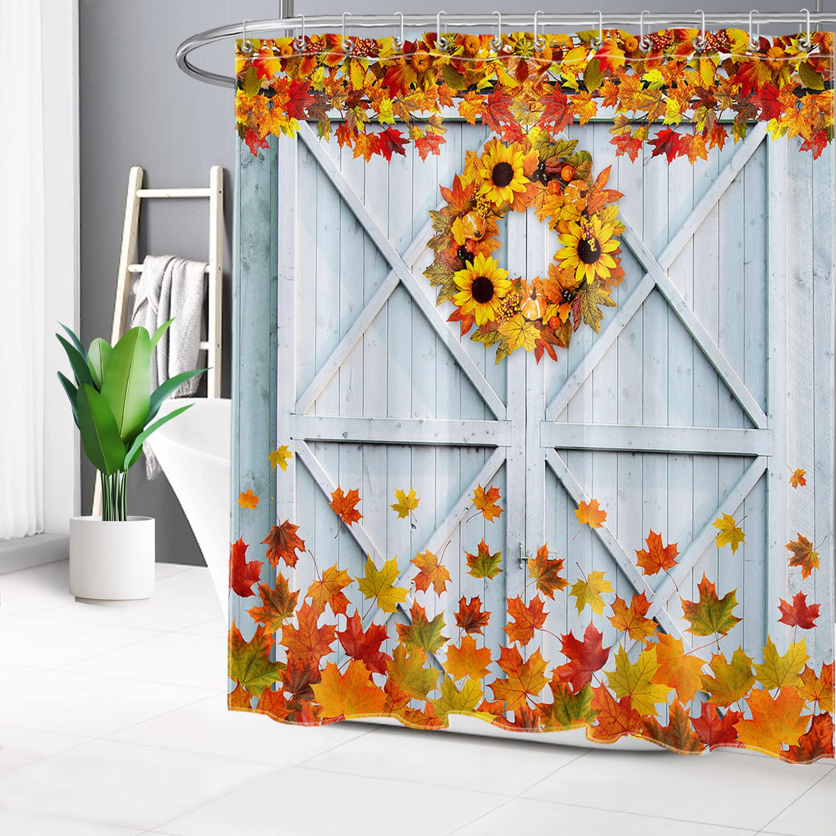 HVEST Maple Leaves Shower Curtain - Sunflower Blue Barn Door Bathroom Decor, Farmhouse Harvest Holiday Bath Curtain with Hooks, 72x72 Inches Polyester Fabric - Perfect for Rustic Bathrooms, Farmhouse Style Homes & Autumn Themed Decorations