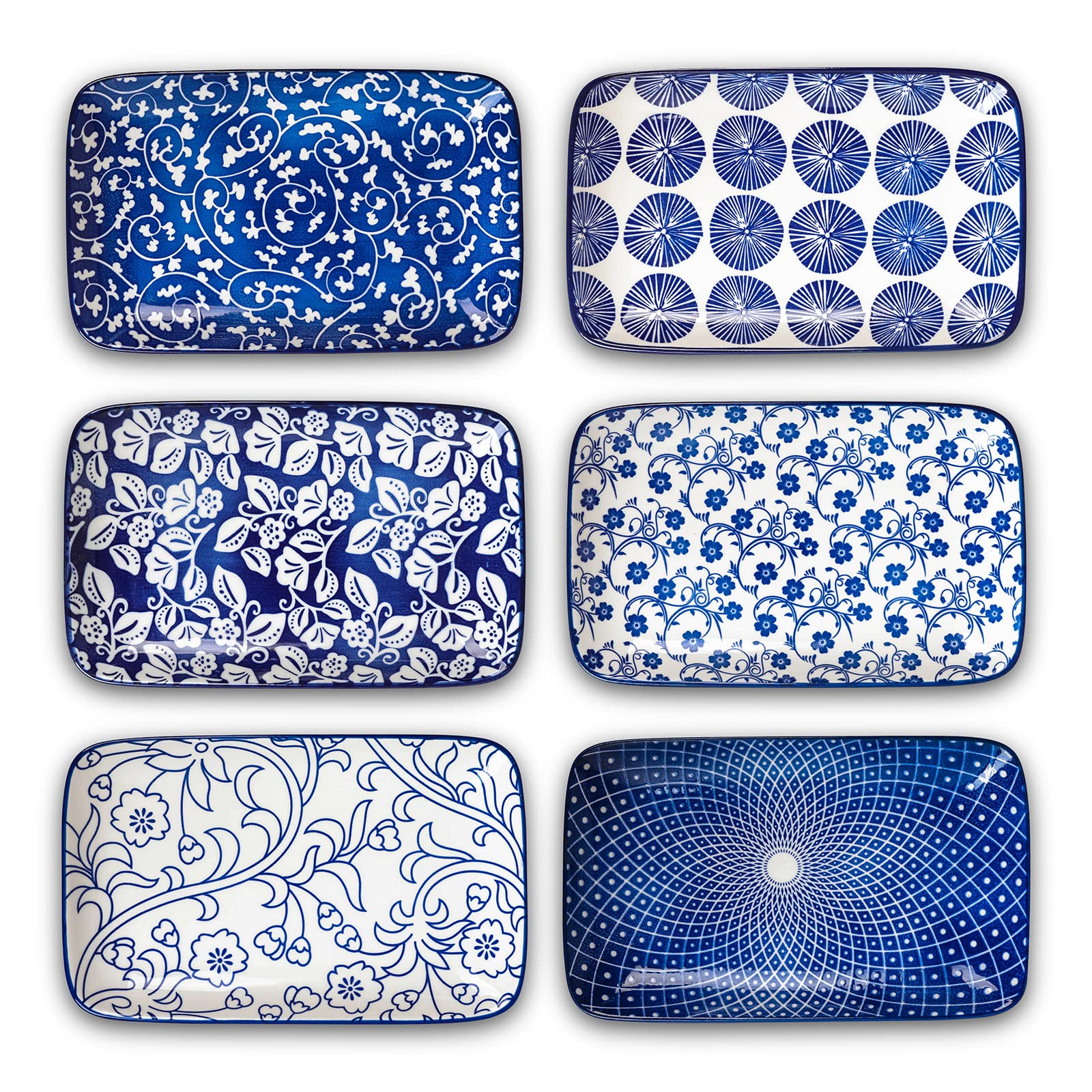 Selamica 8-Inch Rectangular Ceramic Plates - Set of 6 Vintage Blue Salad, Dinner, Pasta & Dessert Plates | Microwave, Oven & Dishwasher Safe | Perfect for Appetizers, Sushi, Fruits & Home Dining