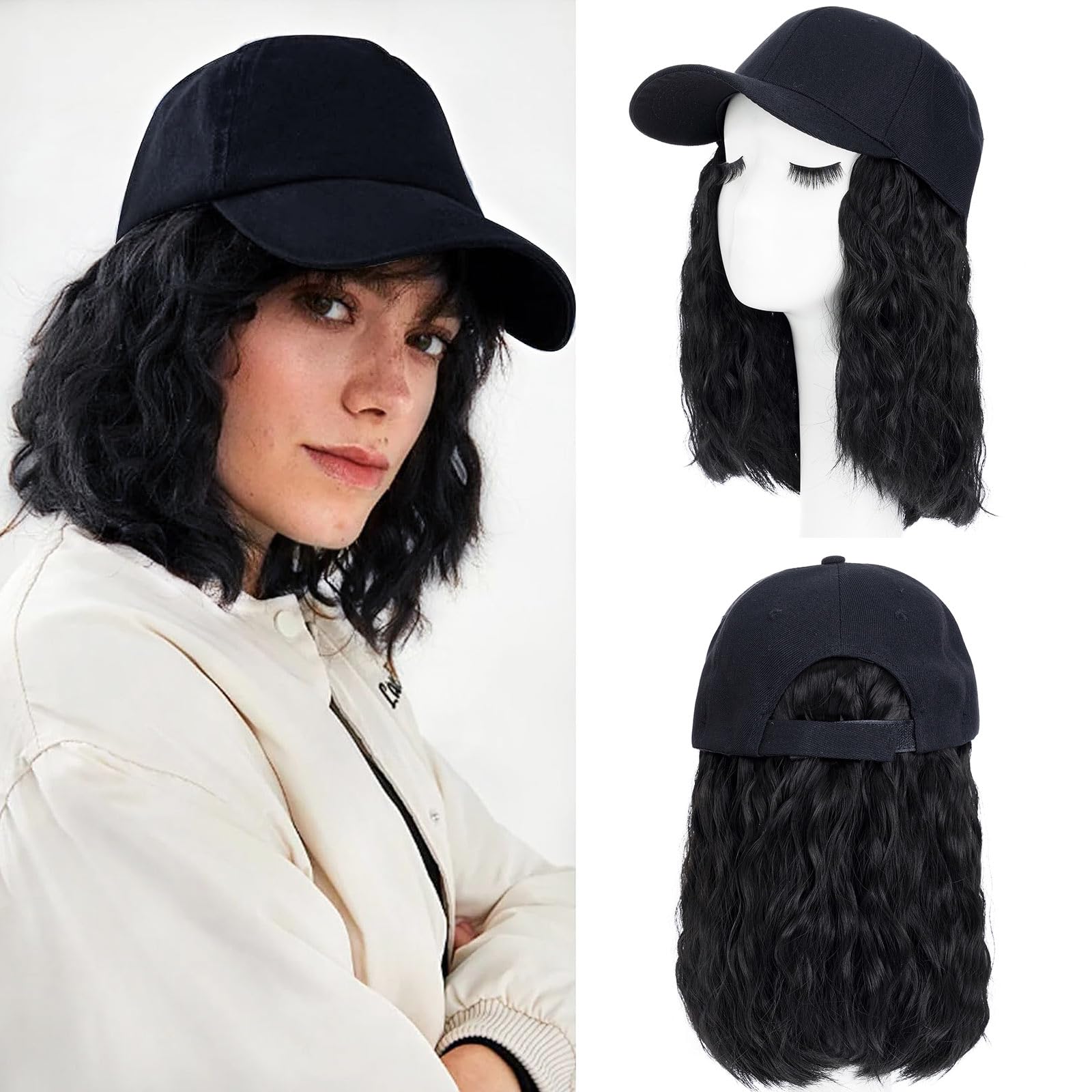 Adjustable Baseball Cap Wig for Women - Synthetic Short Wave Hair Hat (8 Inch, Natural Black) - Perfect for Daily Wear, Cosplay, and Hair Loss Solutions