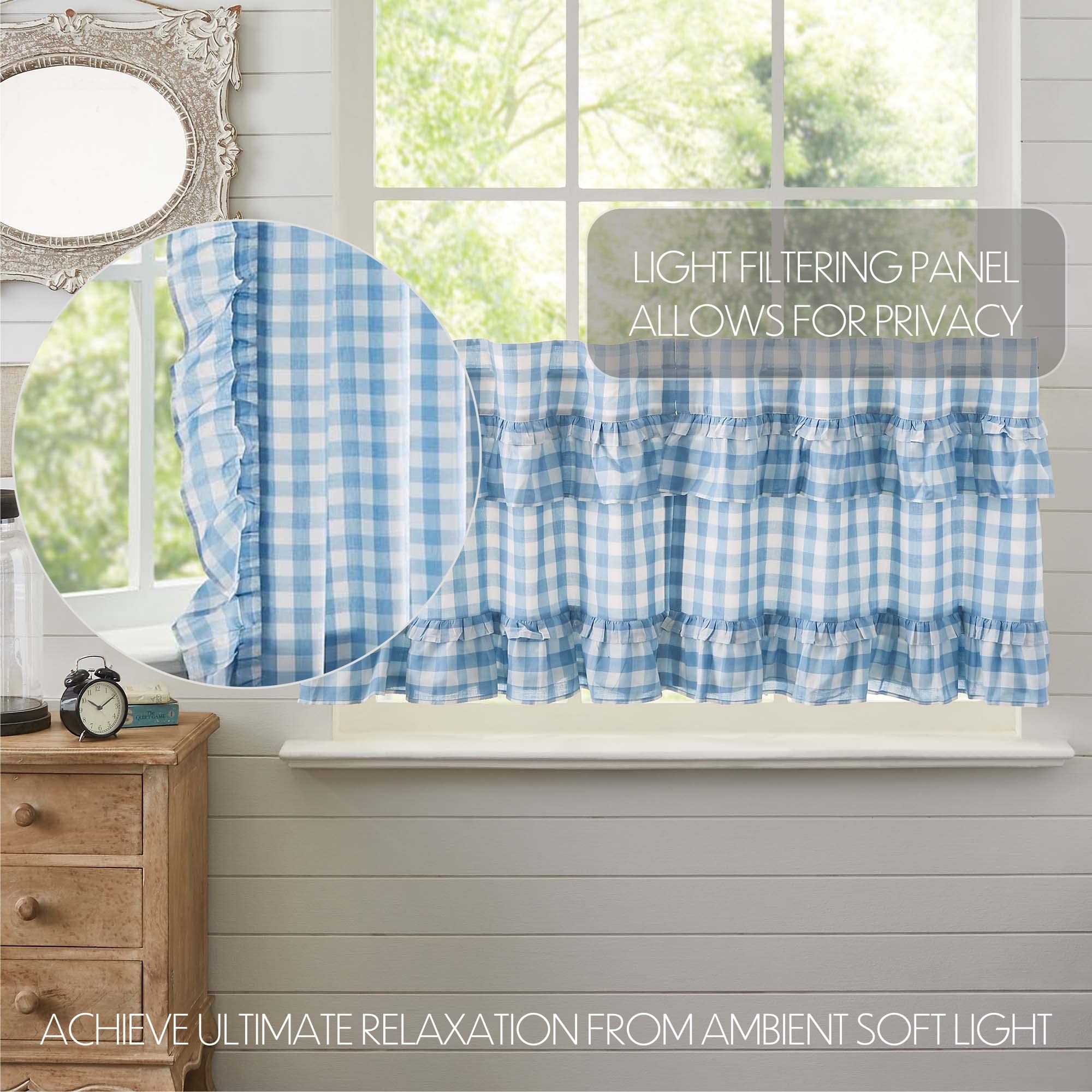 Annie Blue Buffalo Check Farmhouse Ruffled Tier Kitchen Curtain Set 24x36 - Rustic Country Style Window Treatment for Kitchen, Dining Room & Cabin Decor