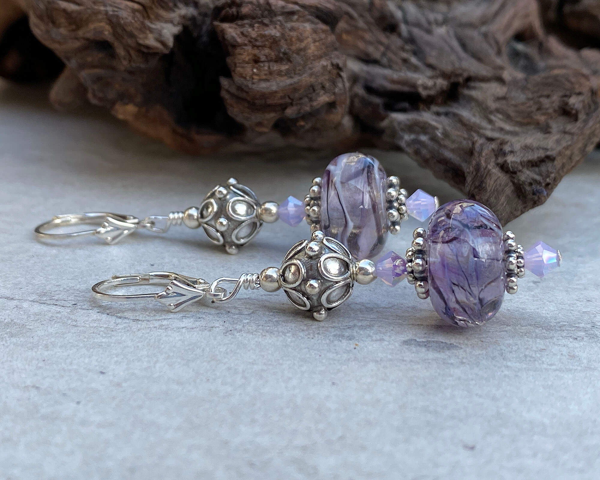 Handmade Purple Swirl Bali Lampwork Glass Earrings - Boho Chic Dangle Earrings for Women - Perfect for Festivals, Weddings & Everyday Wear