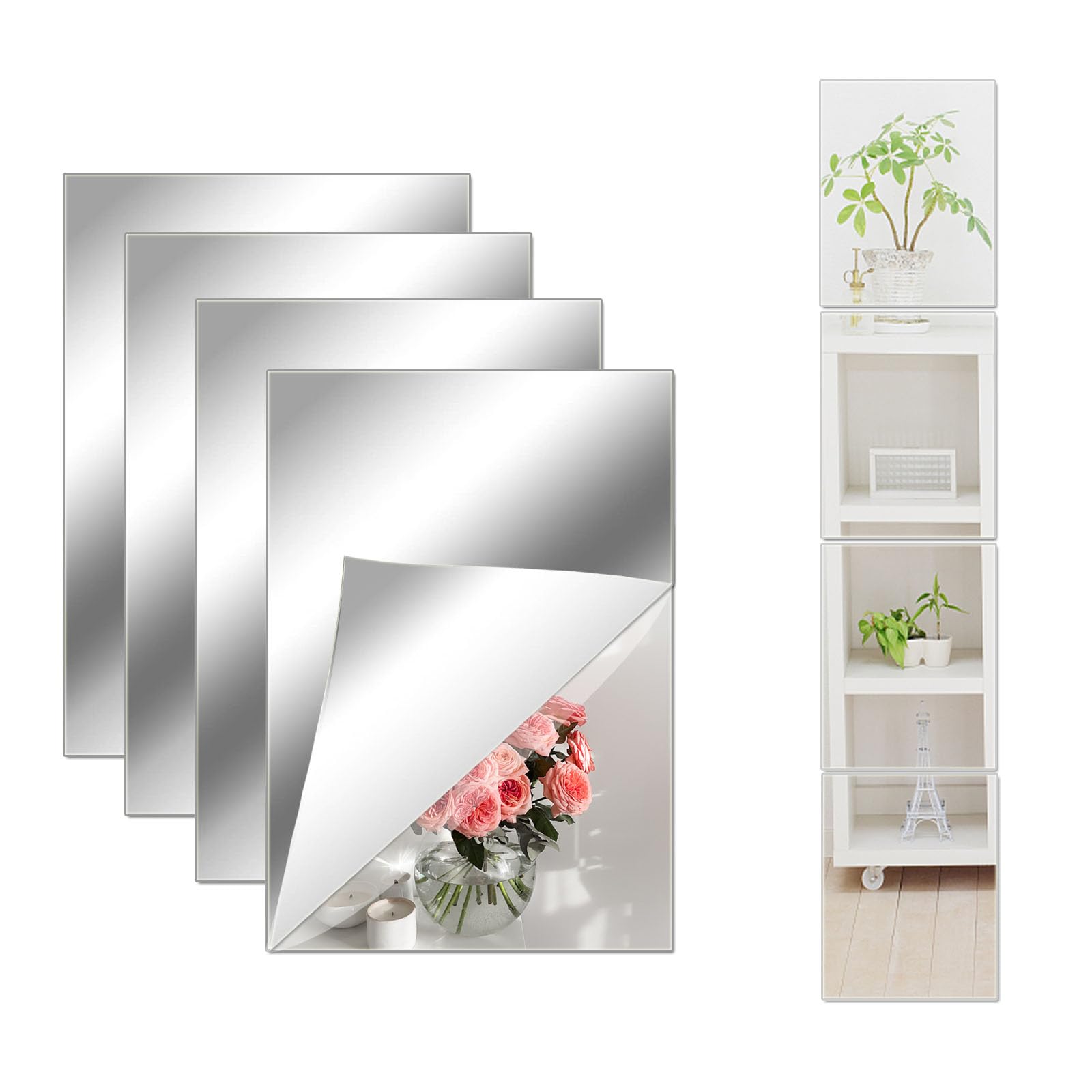 8x6 Inches Self-Adhesive Acrylic Mirror Tiles - Waterproof Flexible Mirror Wall Stickers (4 Pack) for Bathroom, Bedroom, Gym & Home Decor - Perfect for Vanity, Closet Doors, Dance Studios & DIY Projects