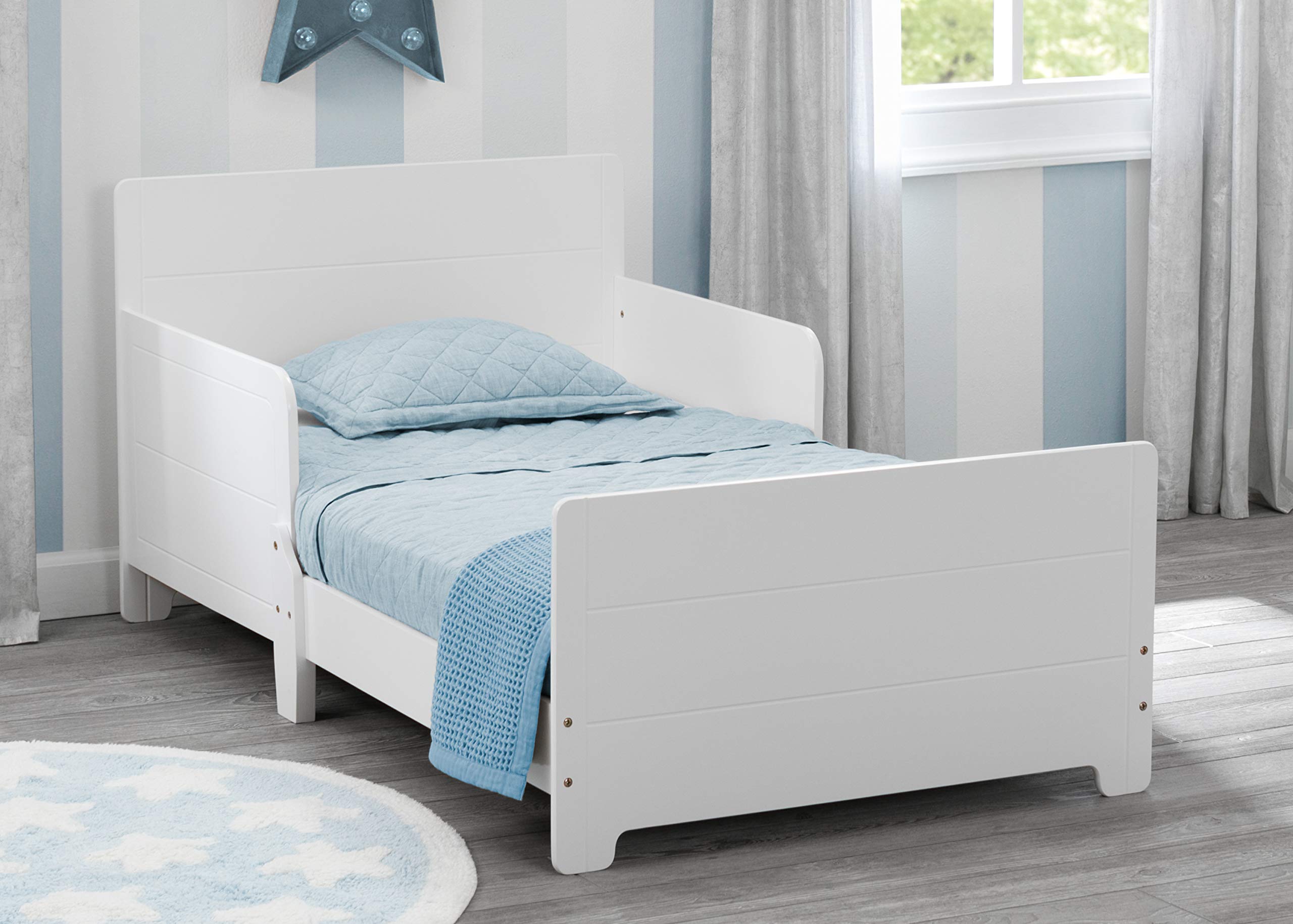 Delta Children MySize Toddler Bed - White Bianca with Dual-Sided Recycled Fiber Core Mattress, 2 Attached Safety Guardrails, 50 lbs Weight Limit (30