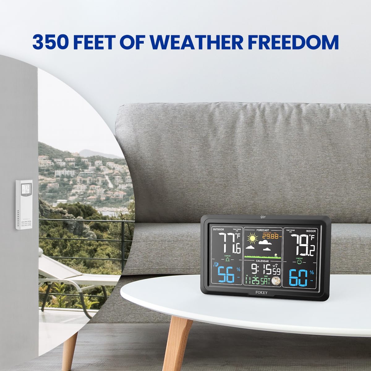 Wireless Indoor Outdoor Weather Station with Large 7.6