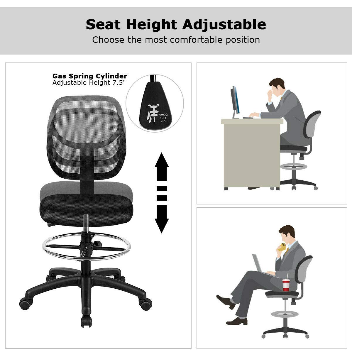 Giantex Mesh Drafting Chair with Footrest Ring - Adjustable Height Mid Back Office Chair for Standing Desk, Home & Office Use - Black - Perfect for Architects, Designers & Long Work Hours