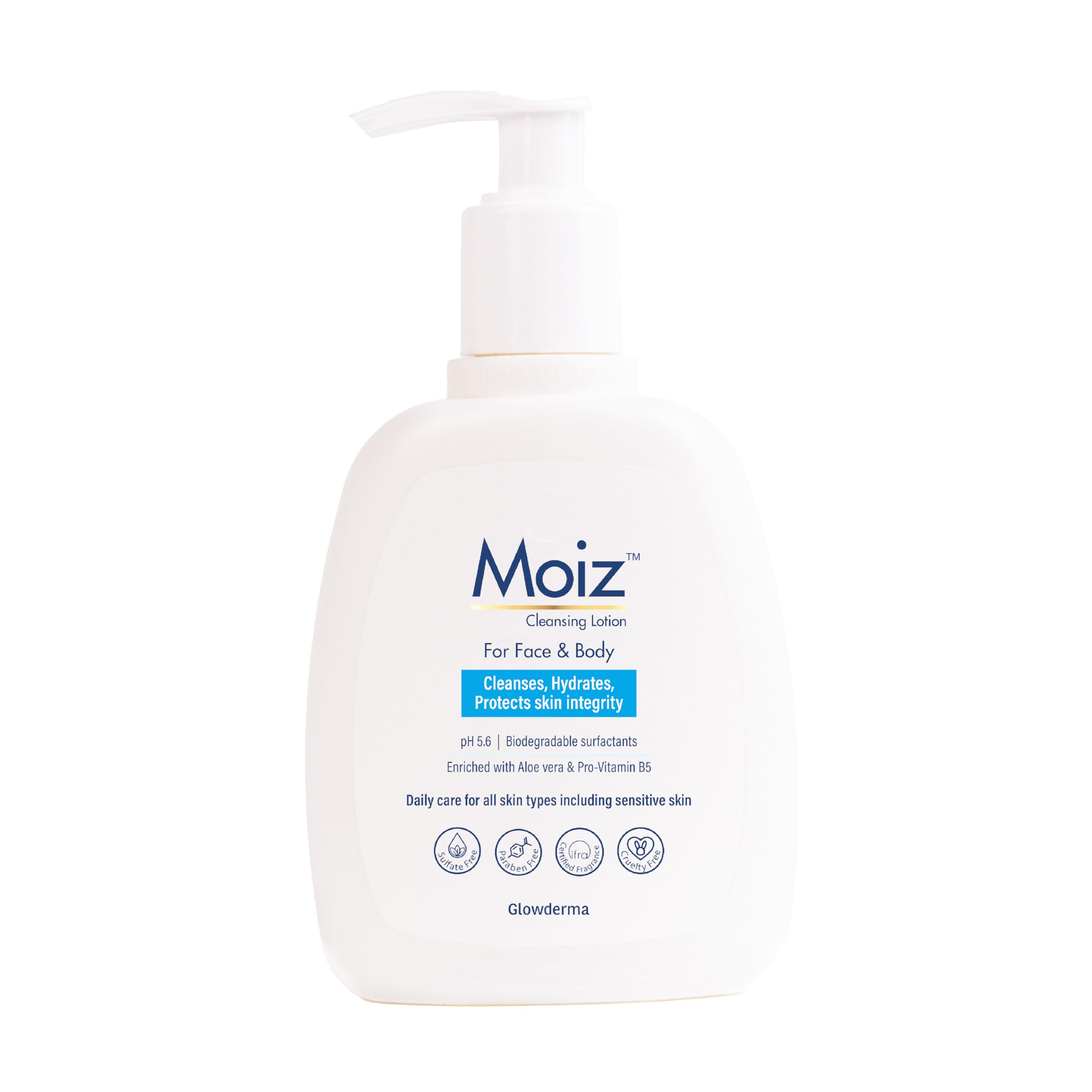 Moiz Gentle Cleansing Lotion for Face & Body - Sensitive Skin Care with Aloe Vera & Pro-Vitamin B5 | pH 5.6 Balanced | Soap, Paraben & Sulfate Free | 200ml | Perfect for Daily Cleansing & Post-Workout Refreshment