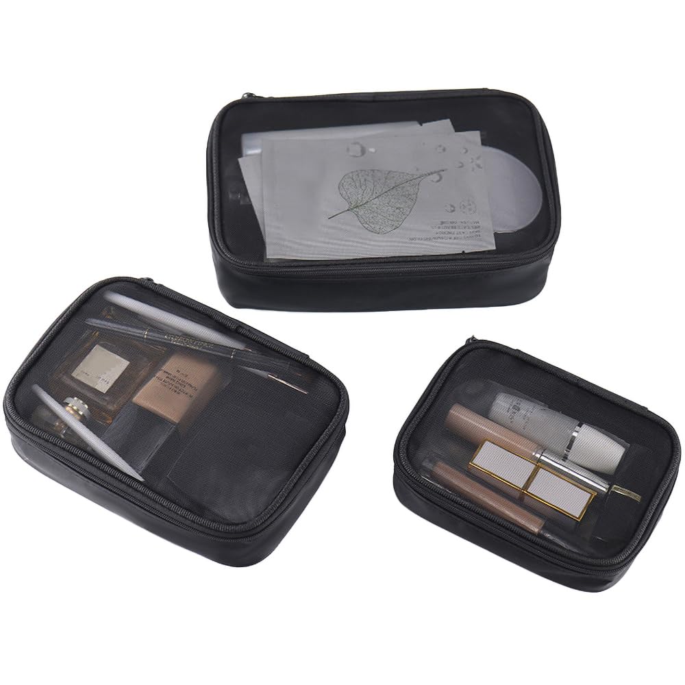 3-Piece Mesh Makeup Bag Set with Zipper - Small, Medium & Large Lightweight Cosmetic Organizer for Travel, Gym & Daily Essentials Storage