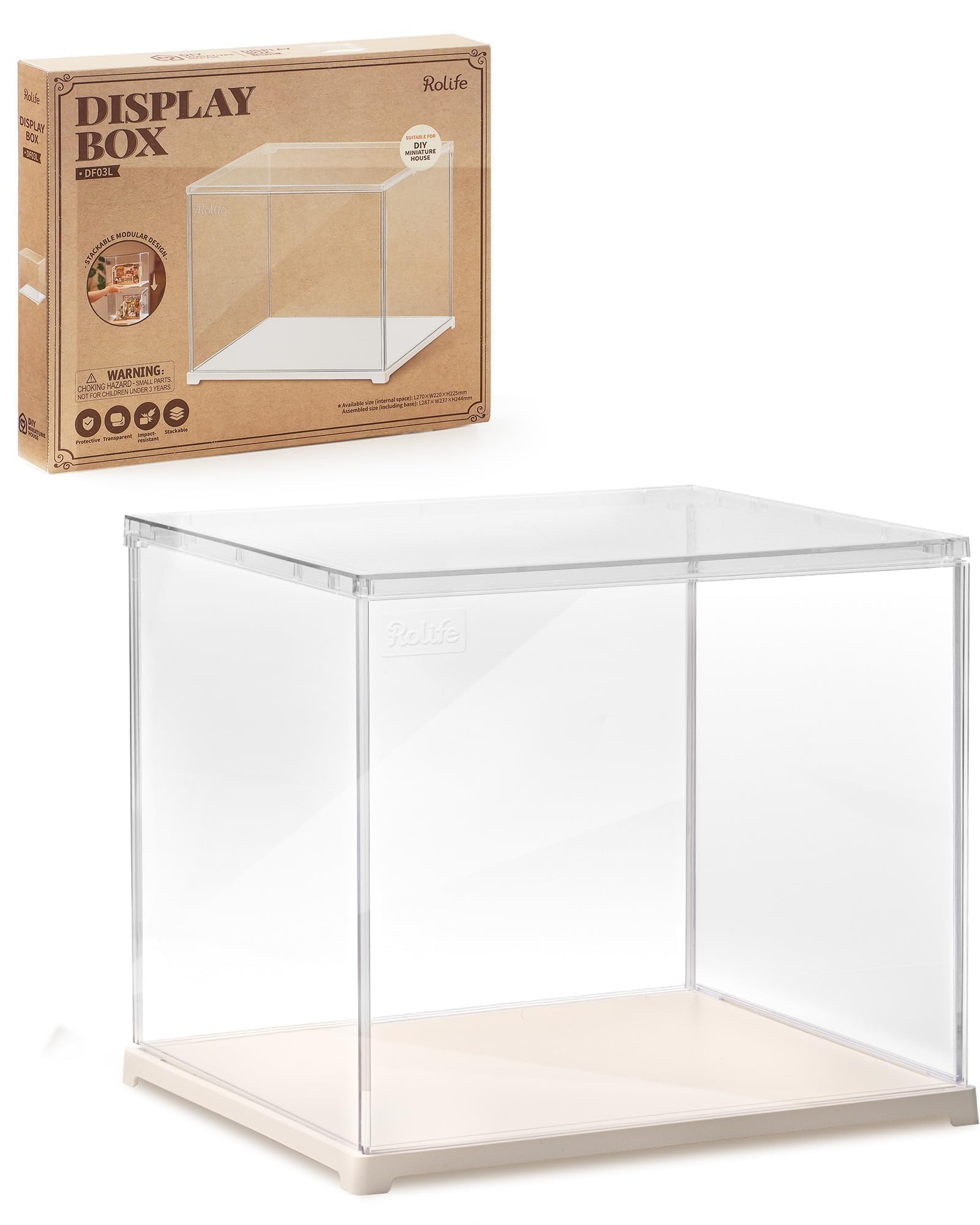Rolife Clear Acrylic Display Case for Collectibles - Easy Assembly Dust Proof Showcase with Wooden Base | Stackable Storage Box for Action Figures, Funko Pops, LEGO Sets | Perfect for Home Decor, Office Display & Collection Protection