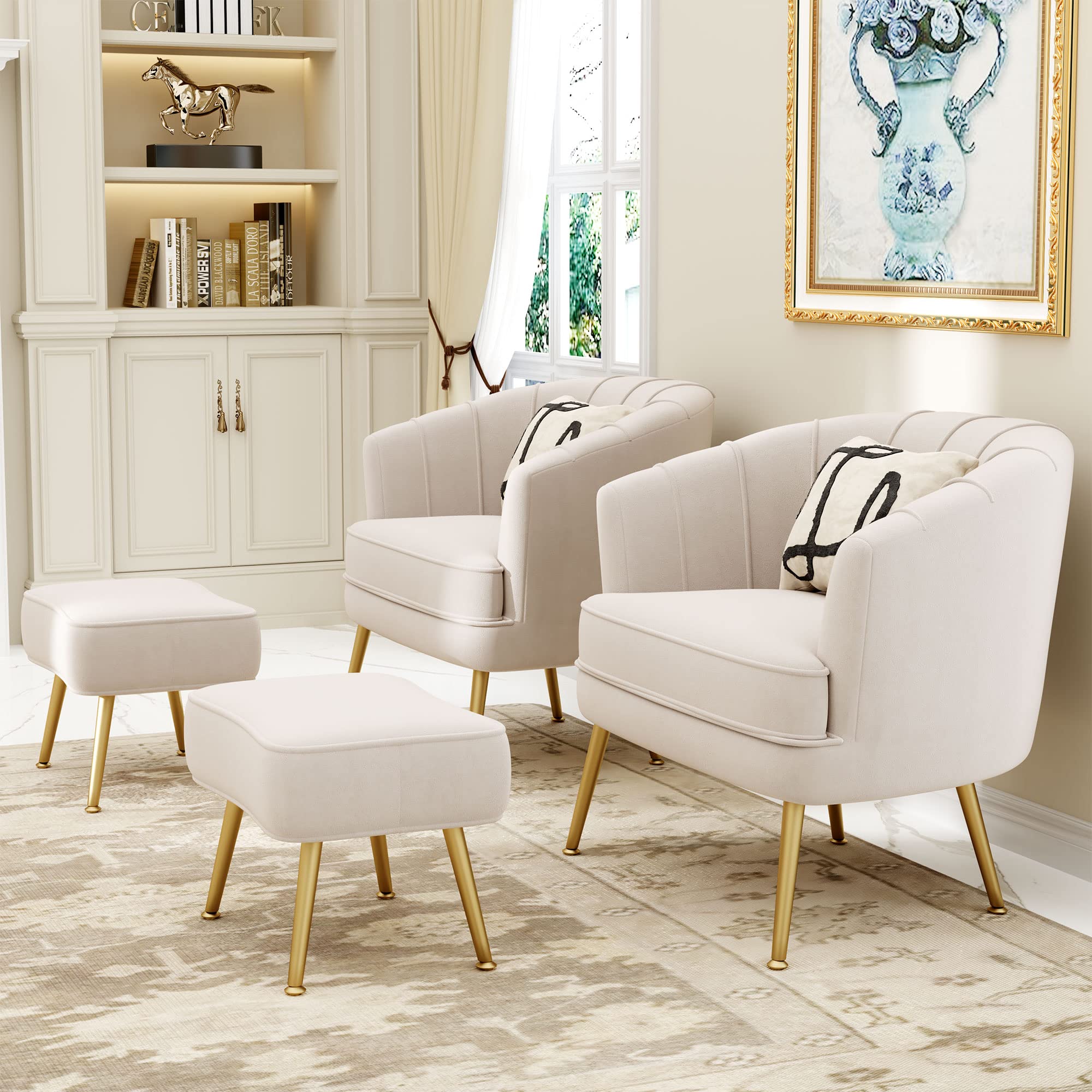 Andeworld Velvet Accent Chair with Ottoman - Modern Upholstered Barrel Club Armchair with Golden Metal Legs, Comfortable Living Room Side Chair for Bedroom, Office, Reading Nook - Beige Velvet Sofa | Perfect for Small Spaces, Lounge Areas & Home Decor