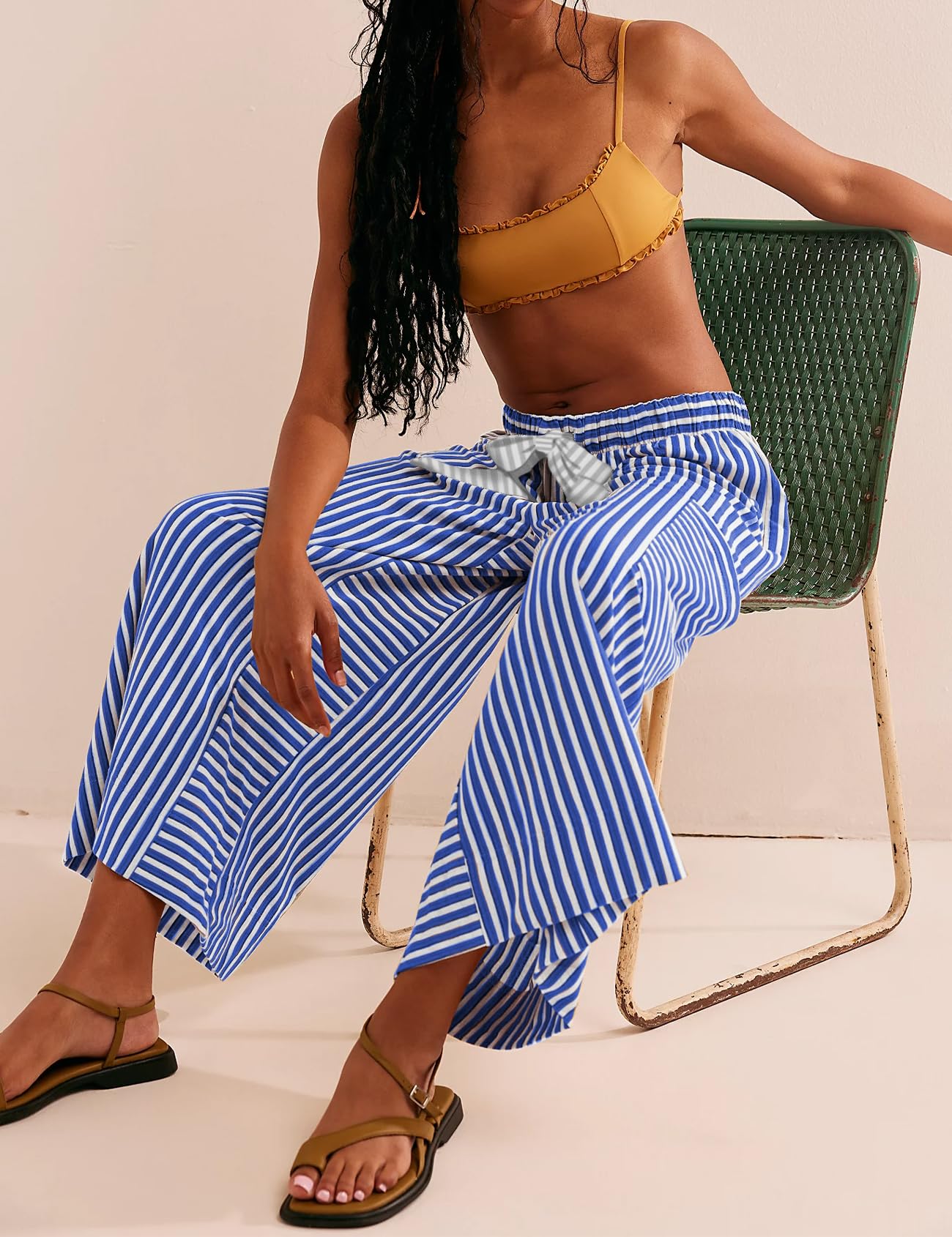 Women's Striped Wide Leg Lounge Pants - Mid Waist Drawstring Beach Capri Trousers with Pockets | Comfortable Casual Wear for Home, Yoga & Vacation