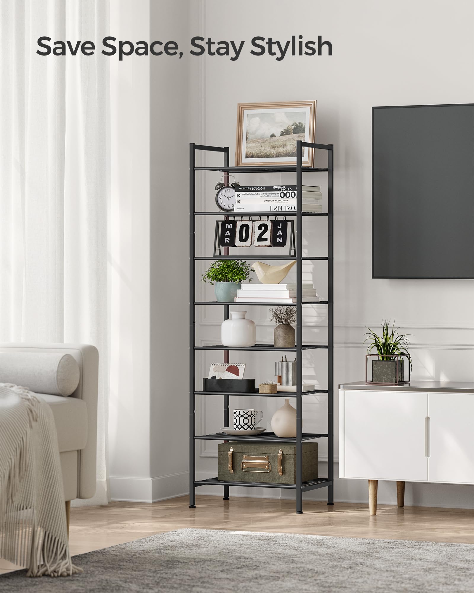 SONGMICS 8-Tier Narrow Shoe Rack - Slim Vertical Metal Shoe Storage Organizer for Small Spaces | Holds 18 Pairs of Shoes | Sturdy Shoe Shelf for Closet, Entryway & Bedroom | Easy Assembly, Black | Perfect for Apartments, Dorms & Tight Spaces