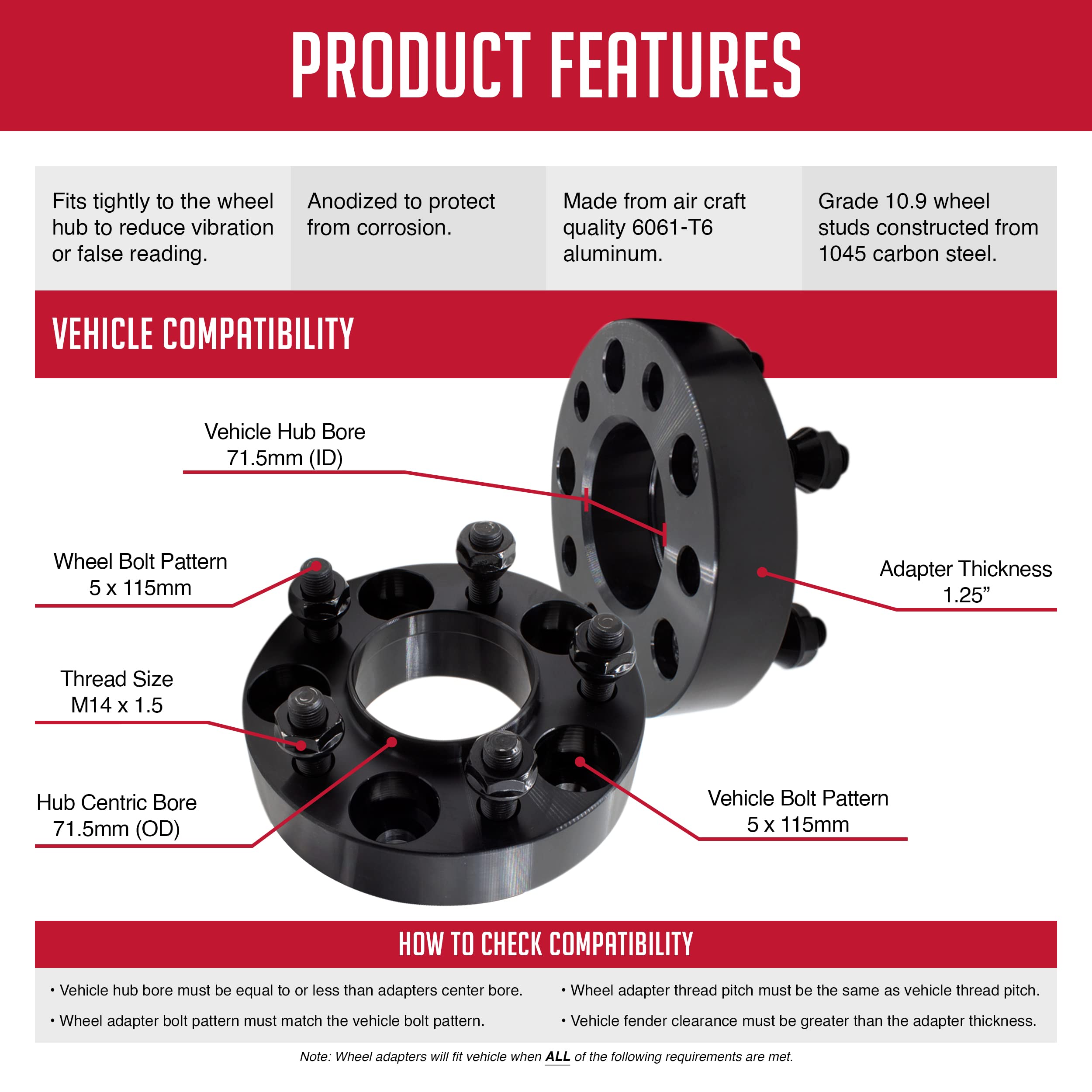 4 Pcs Hub Centric Wheel Spacers Adapters 5x115mm 1.25