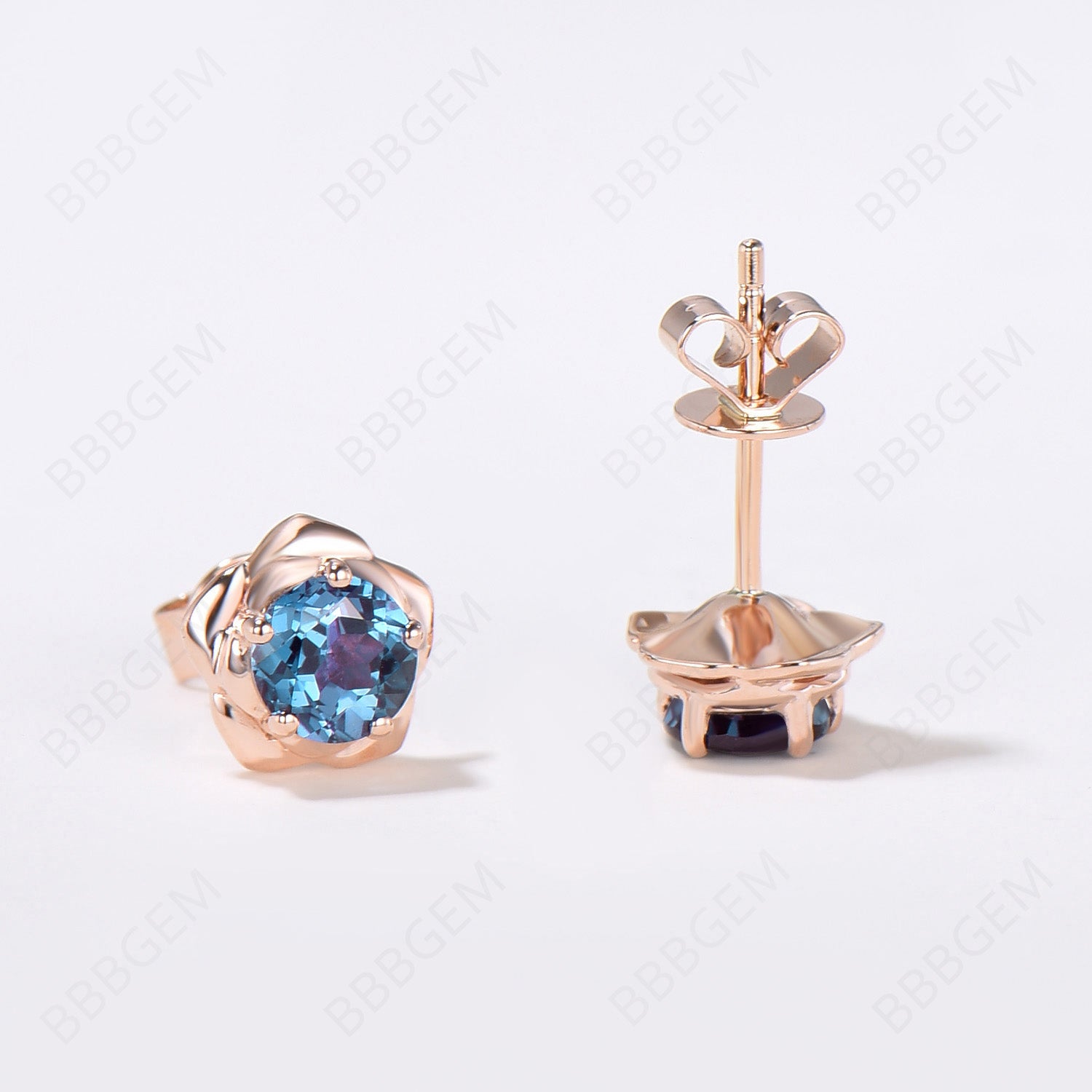 Rose Gold Flower Stud Earrings - Round Cut Alexandrite Gemstone Earrings for Women, Gift for Her, Birthday, Anniversary, Wedding, Party & Everyday Wear