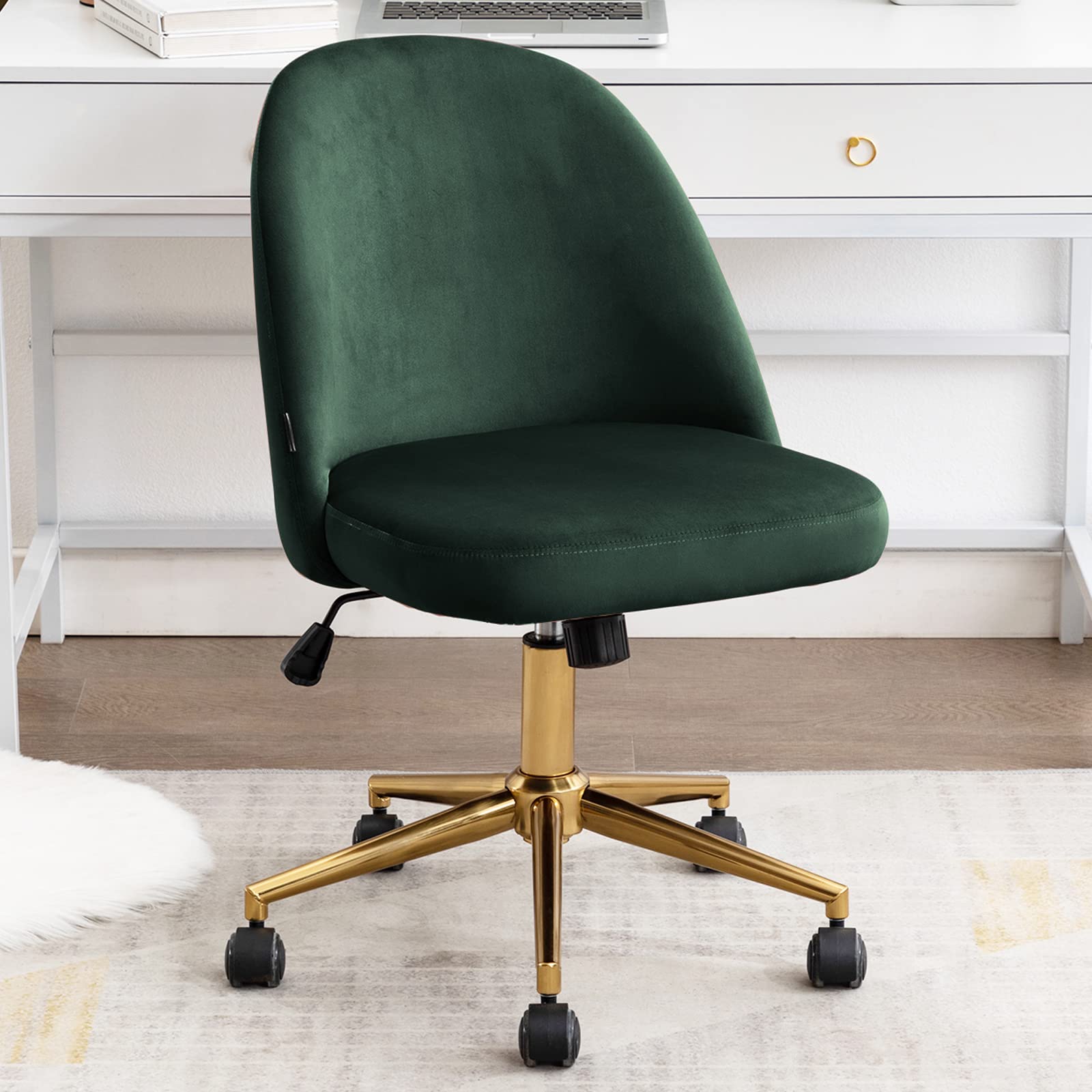Duhome Cute Armless Velvet Swivel Desk Chair with Golden Base - Adjustable Rolling Computer Chair for Home Office, Teens & Adults - Perfect for Workspaces, Gaming & Vanity Desks (Dark Green)