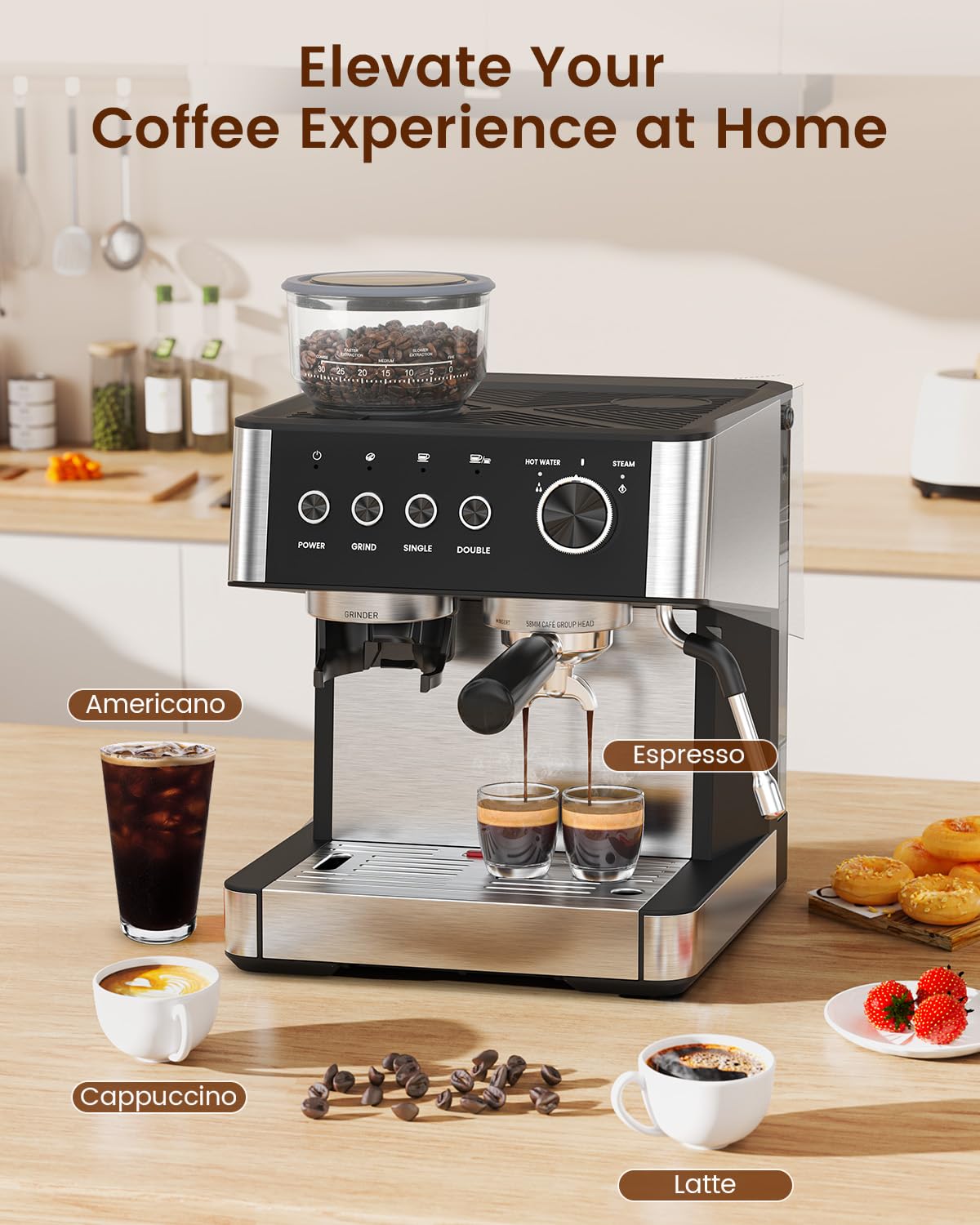 Professional 20 Bar Espresso Machine with Built-in Grinder & Milk Frother Steam Wand - Removable Water Tank for Easy Cleaning - Perfect for Home Baristas Making Cappuccino, Latte & Espresso - Ideal for Kitchens, Offices & Coffee Shops