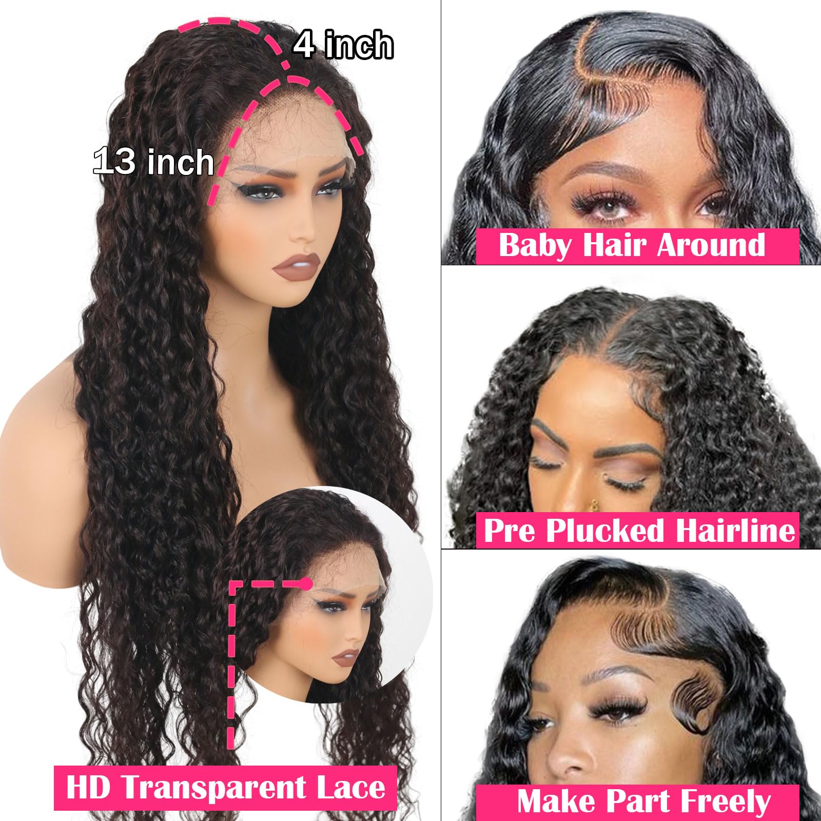 13x4 HD Lace Front Wig Human Hair Pre Plucked 180% Density Deep Water Wave Brazilian Remy Hair Lace Front Wig for Black Women - 34 Inch Natural Dark Brown | Perfect for Daily Wear, Parties & Special Occasions