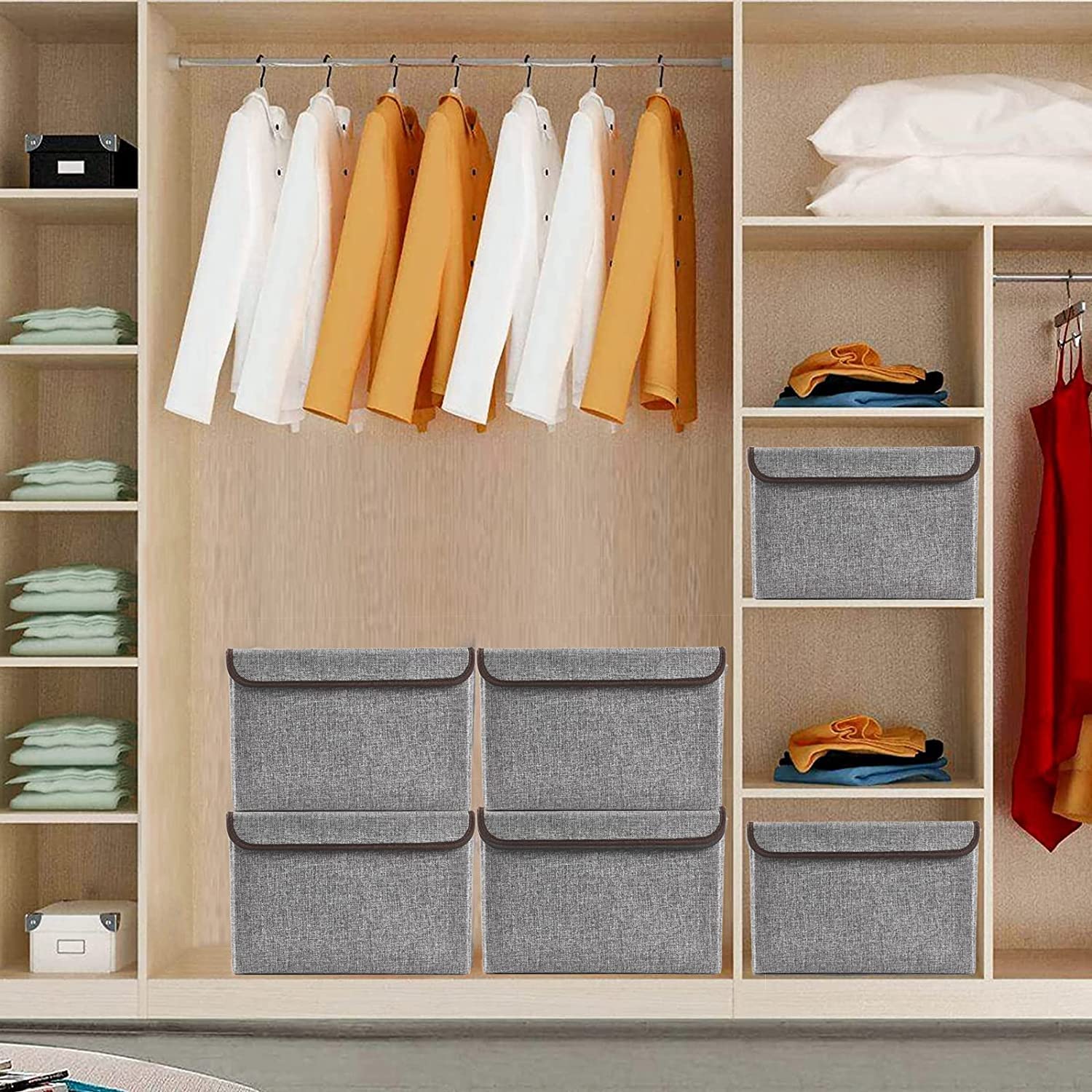 22 Quart Large Foldable Storage Bins with Flip-Top Lid & Handles - 4 Pack Gray Linen Fabric Organizer Baskets for Clothes, Blankets, Toys - Perfect for Home, Office, Closet & Nursery Organization (14.6 x 9.5 x 9.5 Inches)