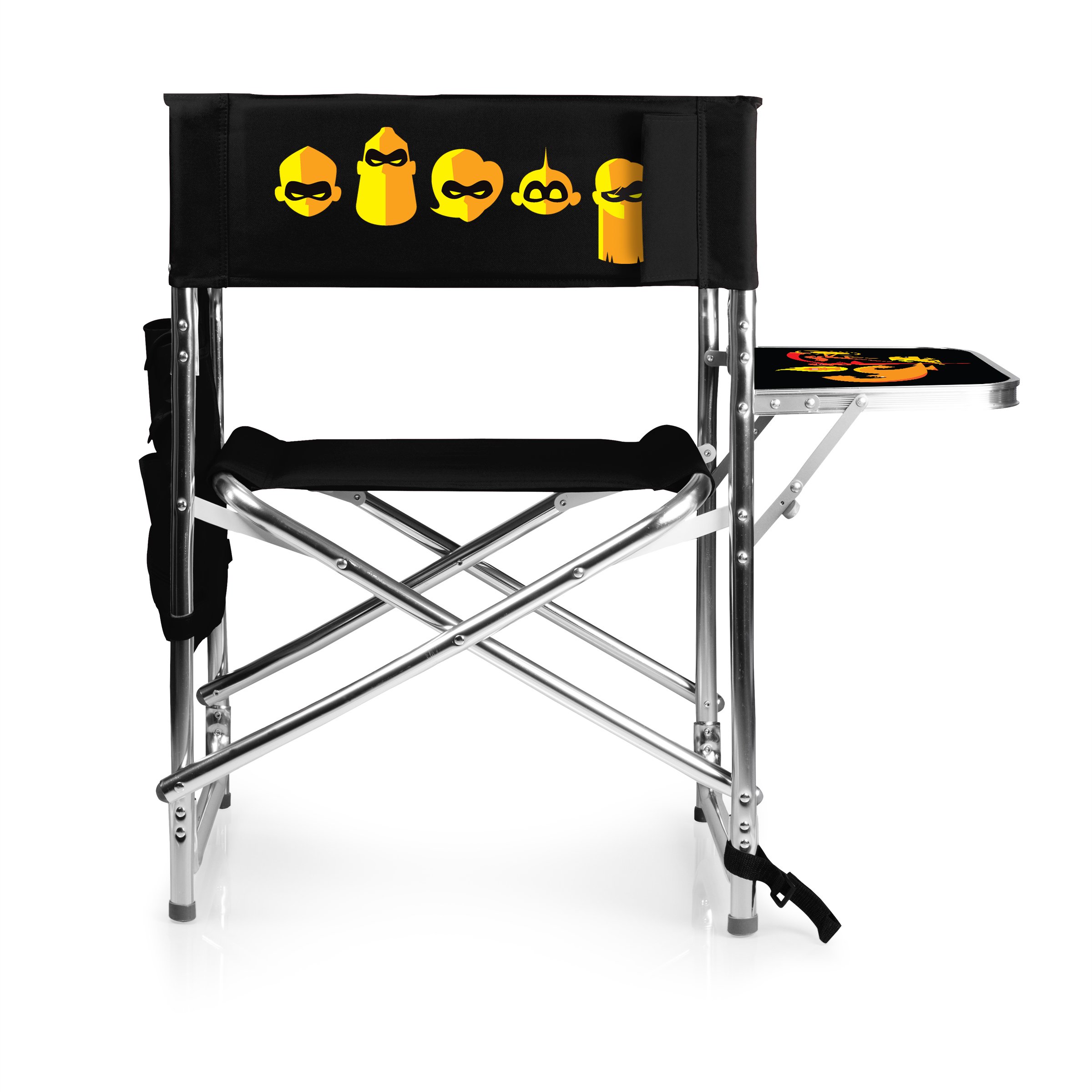 Disney The Incredibles Folding Sports Chair with Side Table - Portable Beach & Camp Chair for Adults - Picnic, Outdoor Events, Backyard Relaxation (Black) - Oniva by Picnic Time Brand