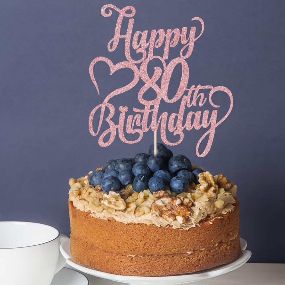 Rose Gold Glitter Happy 80th Birthday Cake Topper - Elegant 80th Anniversary/Birthday Party Decoration - Hello 80, Cheers to 80 Years, 80 & Fabulous - Perfect for Milestone Celebrations & Retirement Parties