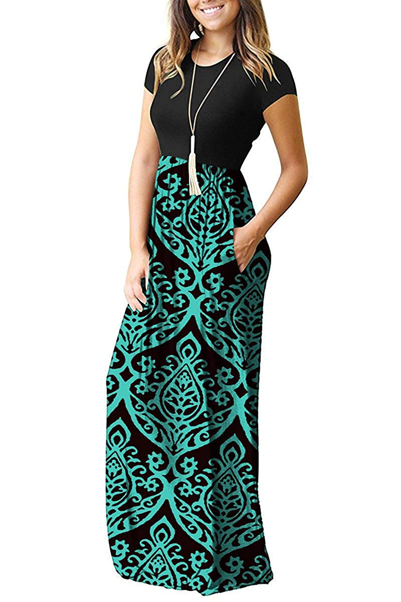 MISFAY Women's Casual Short Sleeve Loose Plain Maxi Dress with Pockets - Summer Beach, Vacation, Party & Everyday Wear Long Dress