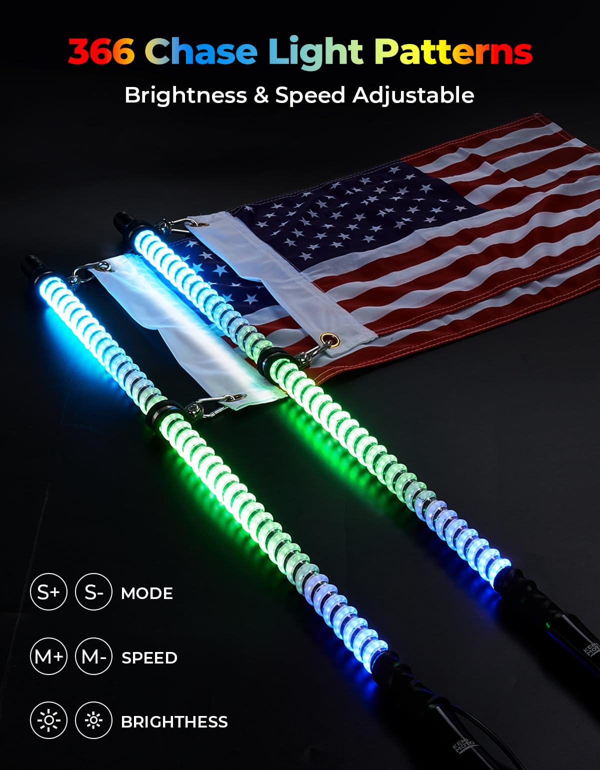 KEMIMOTO 2-Pack 3ft COB Whip Lights with 1440 LEDs - High Density Bluetooth App-Controlled LED Whip Lights for UTV, ATV, Side by Side, Buggy - Compatible with Can-Am Maverick X3 & Polaris RZR - Perfect for Off-Roading, Night Rides & Trail Adventures