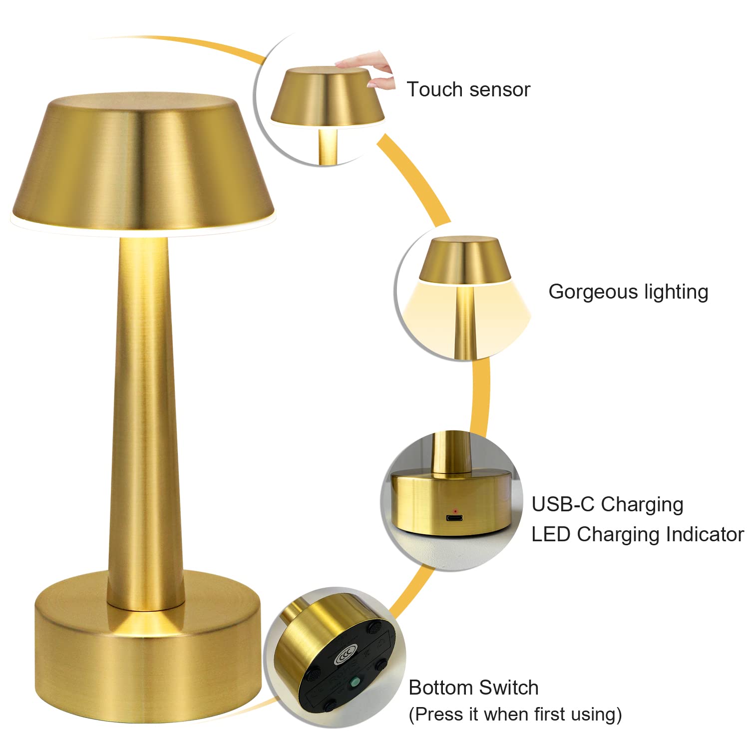 UMEXUS Gold Cordless Rechargeable Table Lamp - 3-Way Dimmable Touch Control Mini Night Light for Bedroom, Bar, Restaurant & Outdoor Use | Portable Battery Operated Metal Desk Lamp for Home Decor & Ambient Lighting