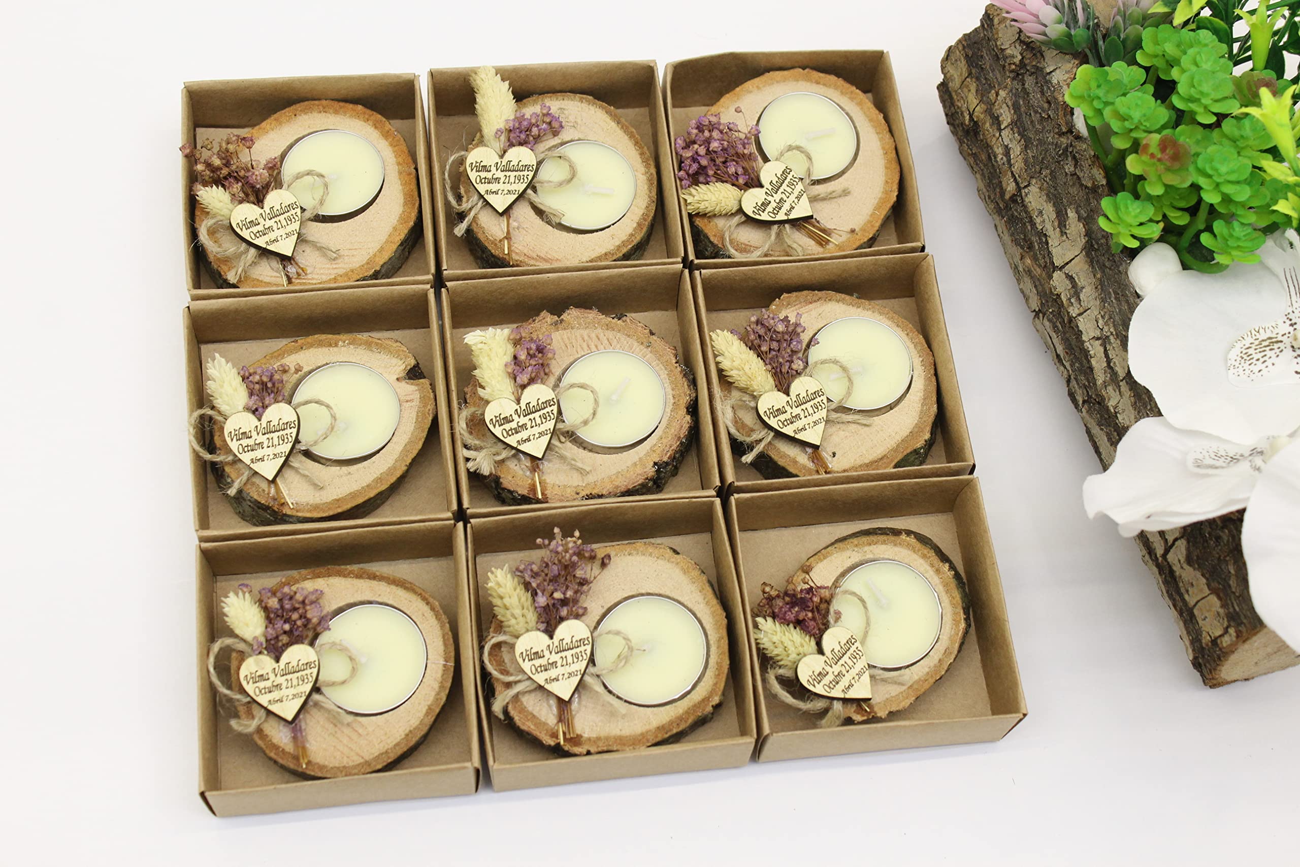 75-Piece Personalized Wooden Log Candle Holder Set - Bulk Wedding Favors for Guests, Memorial Gifts, Rustic Tea Light Holders - Perfect for Wedding Decor, Funeral Memorials & Home Centerpieces