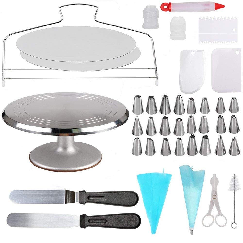 12.7'' Aluminium Alloy Revolving Cake Turntable Stand with Angled Icing Spatula, Cake Leveler, Comb & Smoother - Professional Baking Decorating Supplies for Birthday, Wedding & Fondant Cakes (ZC033)