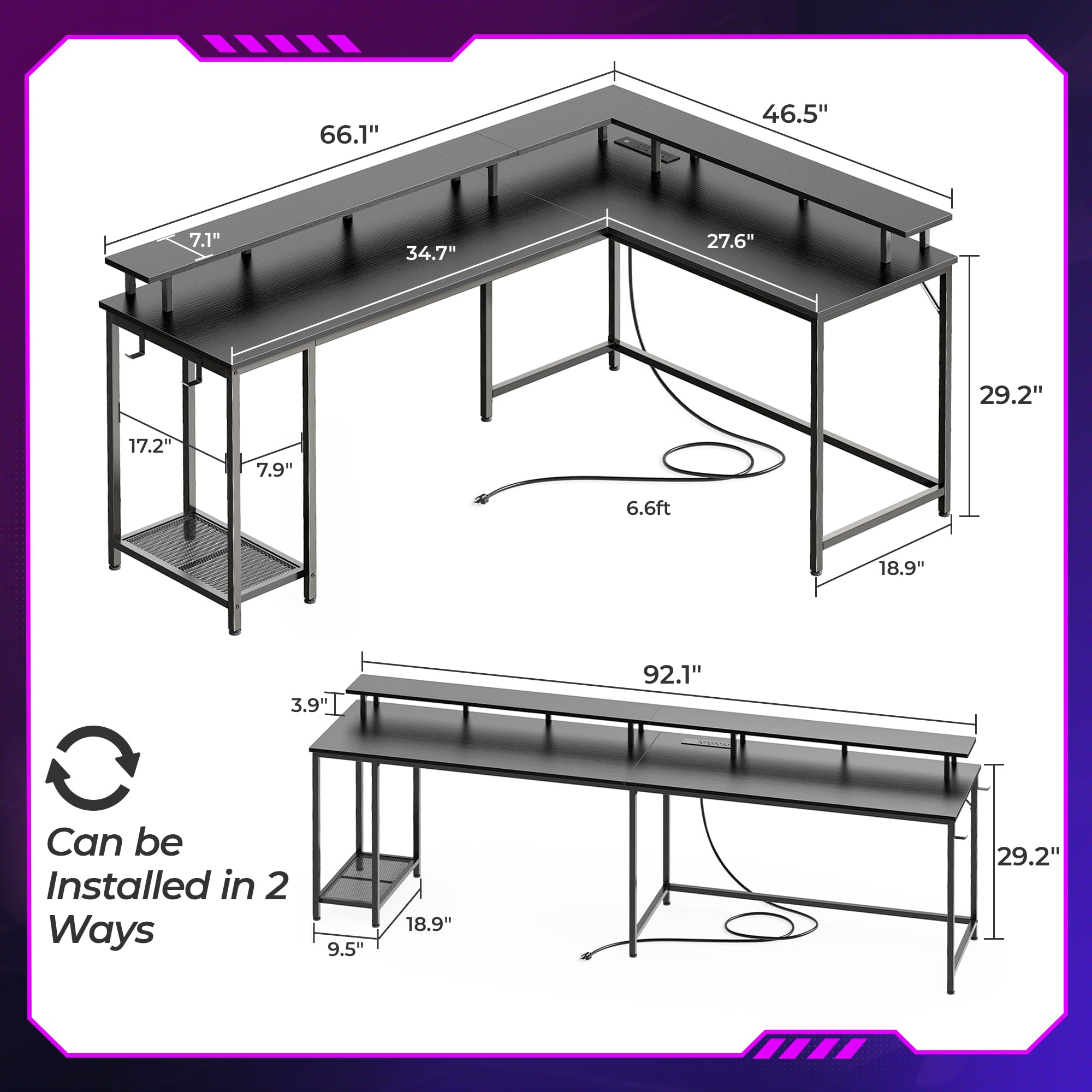 SUPERJARE 66 Inch L-Shaped Gaming Desk with Power Outlets, LED Lights & Monitor Stand - Ergonomic Computer Desk with Storage Shelf & Hooks for Home Office, Streaming Setup & Gaming Station (Black)