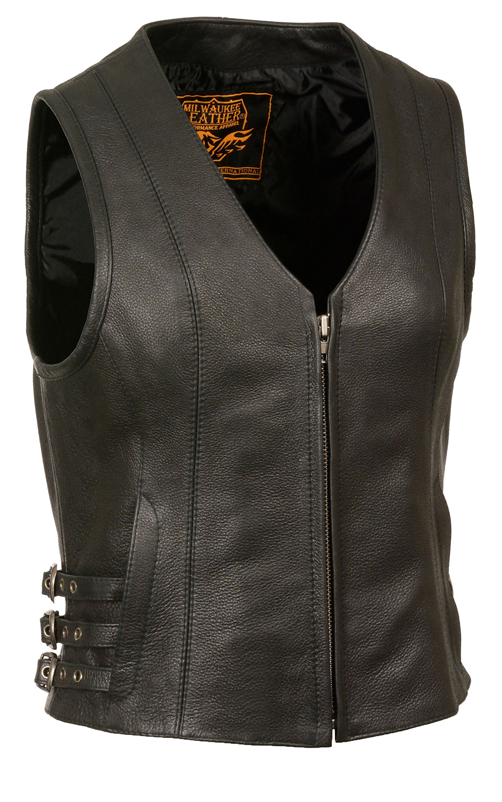 Women's Black Leather V-Neck Zip Front Side Buckle Vest - Stylish Layering Piece for Fall & Winter Fashion Outfits